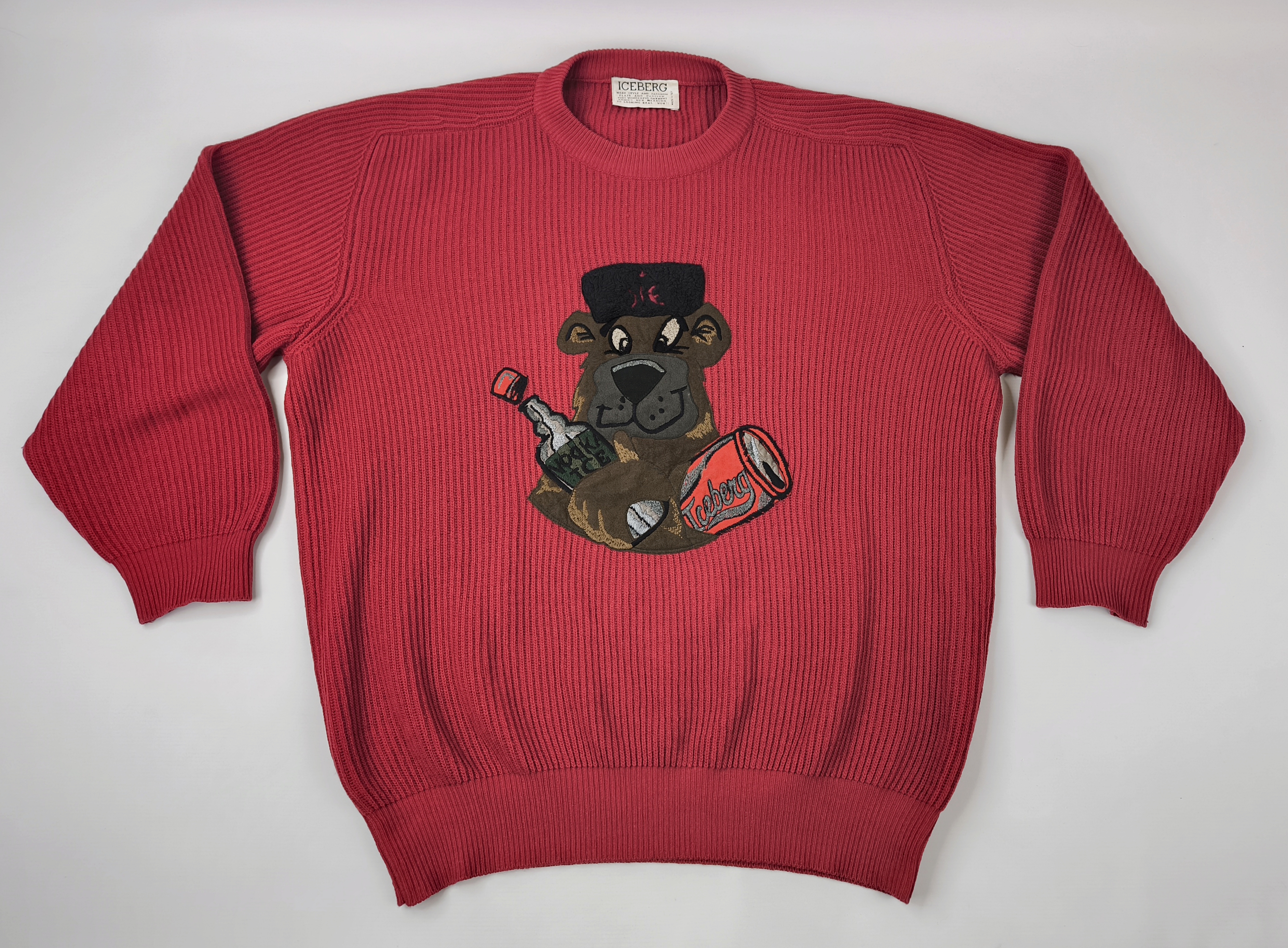 Iceberg Strick Pullover Wodka Ice Gr. VI (XL) rot Italy vintage 90s Logo Bär