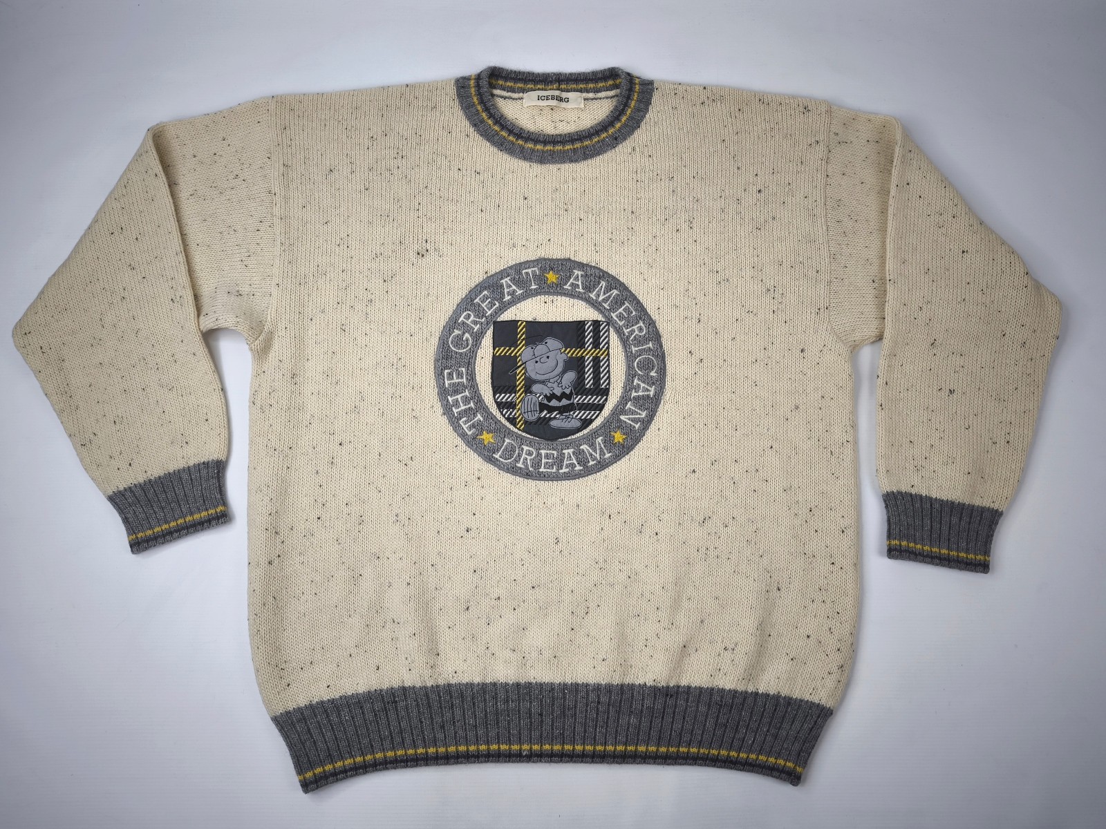 Iceberg Pullover Charlie Brown Gr. V (L) Strick natur meliert Italy vintage 90s