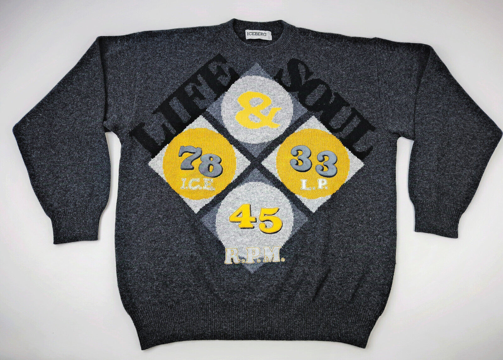 Iceberg Pullover Life & Soul  Gr. III (L) dunkelgrau vintage 90s