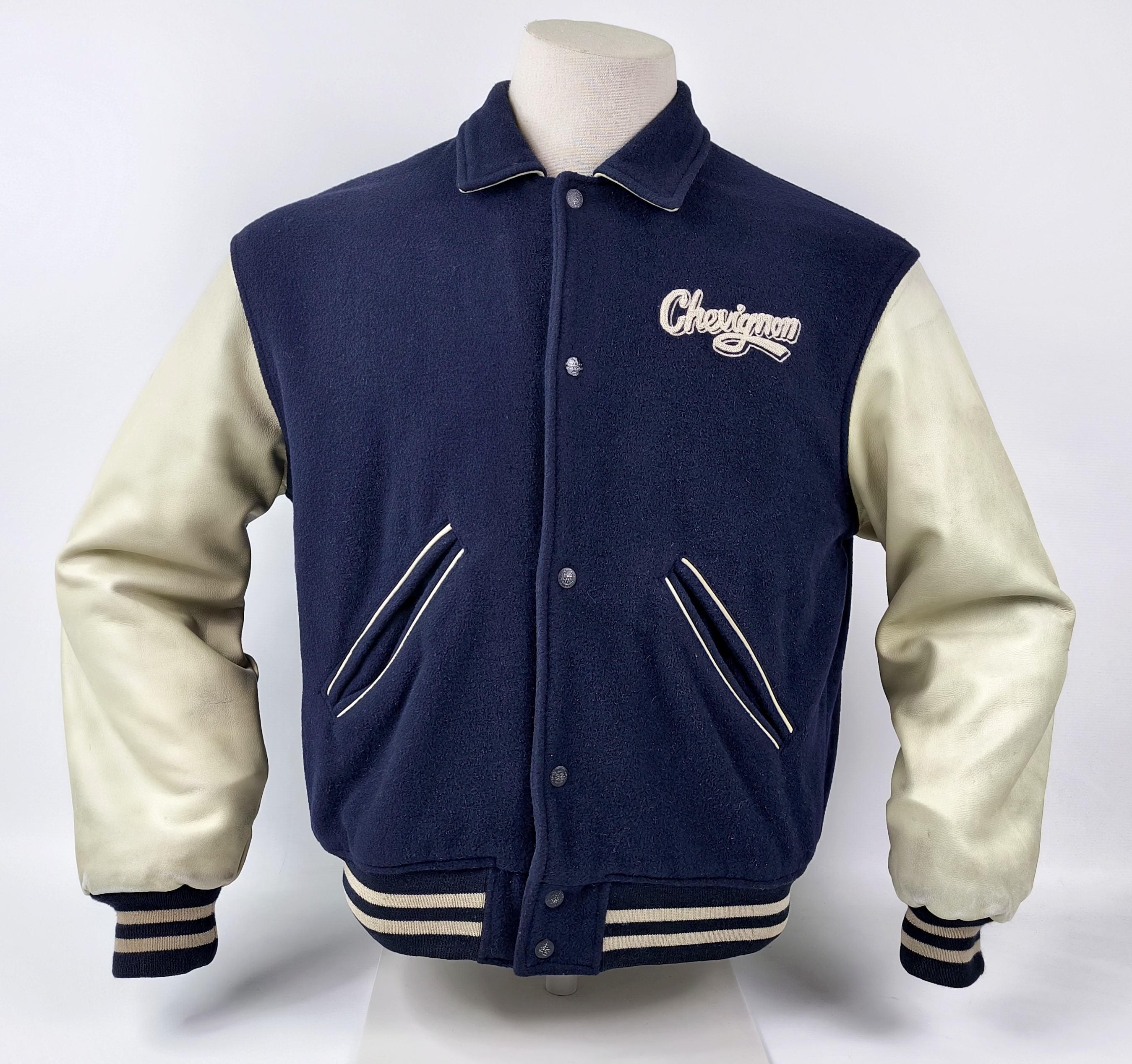 Chevignon Jacke College Bay Winds dunkelblau creme Gr. M Wolle Leder Mix 80s