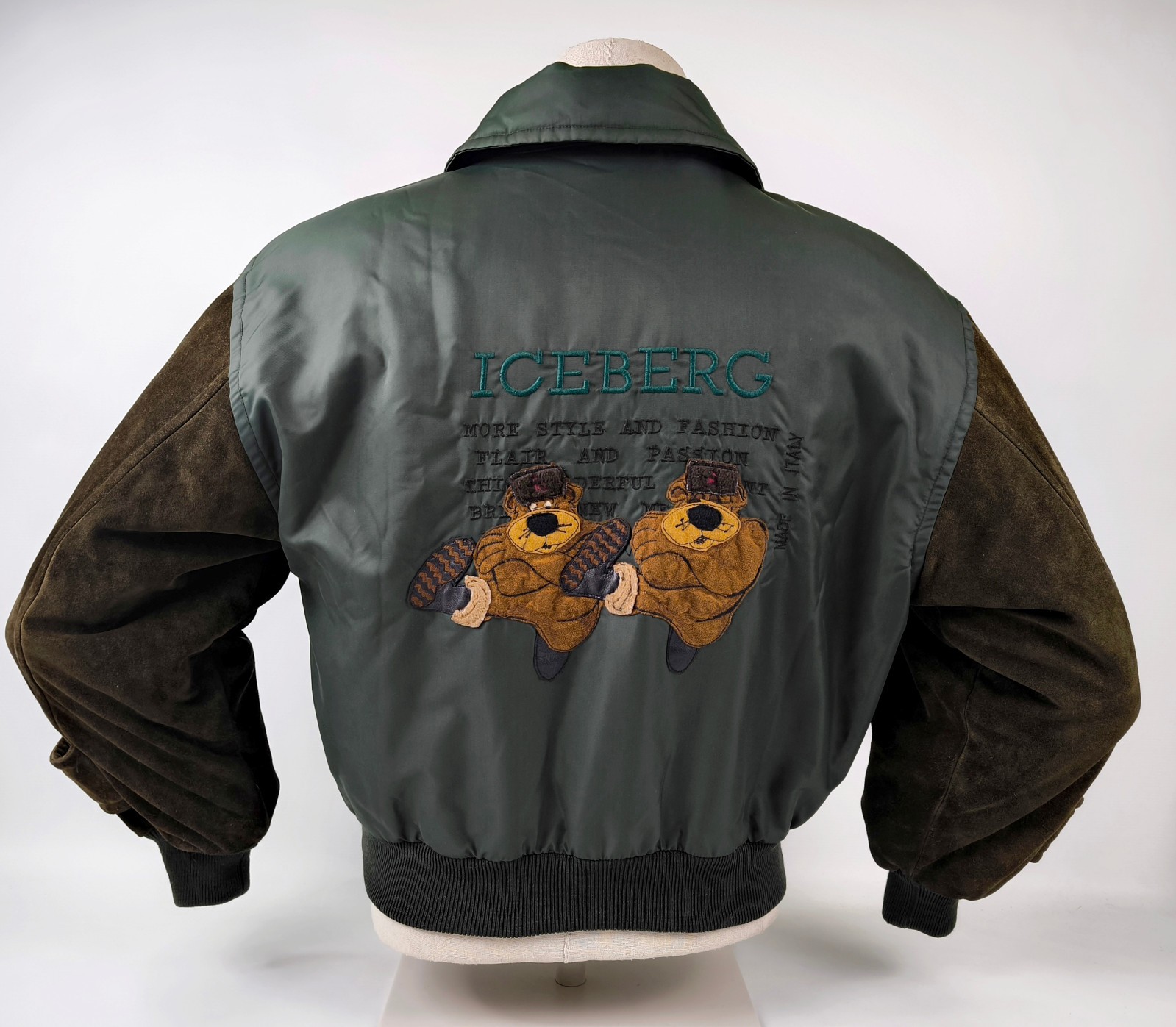 Iceberg Jacke Bären Gr. S/M Leder Wildleder Nylon Mix Italy vintage 90s