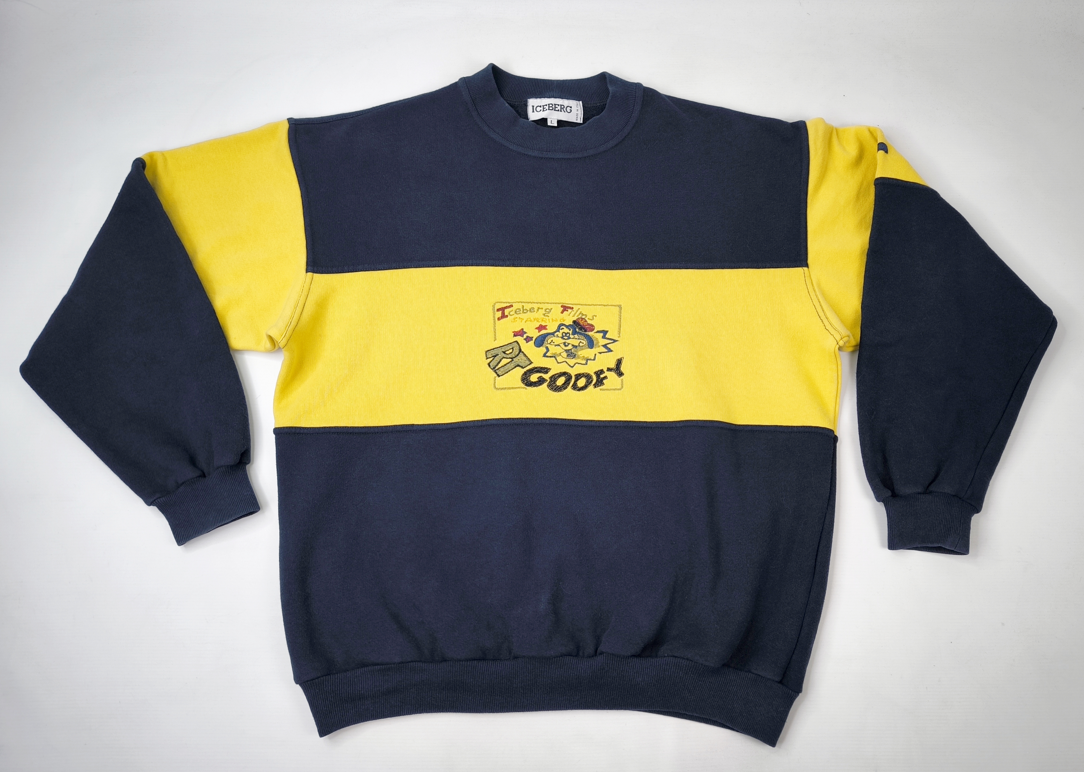 Iceberg Pullover Goofy Gr. M/L dunkelblau gelb Italy vintage 90s Sweater