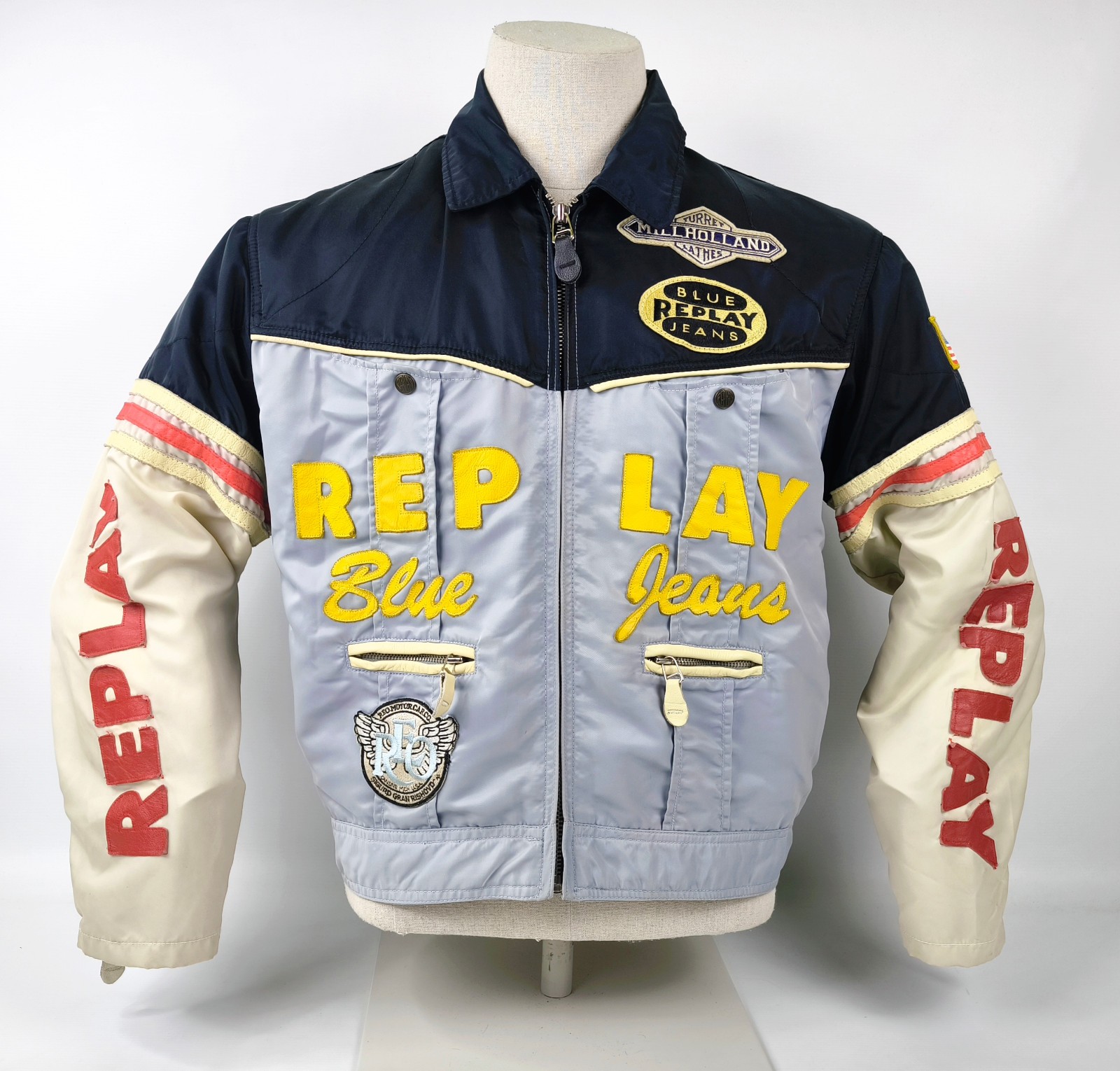 Replay Jacke Blue Jeans schwarz / silber Gr. M Leder Nylon Mix vintage 90s Biker