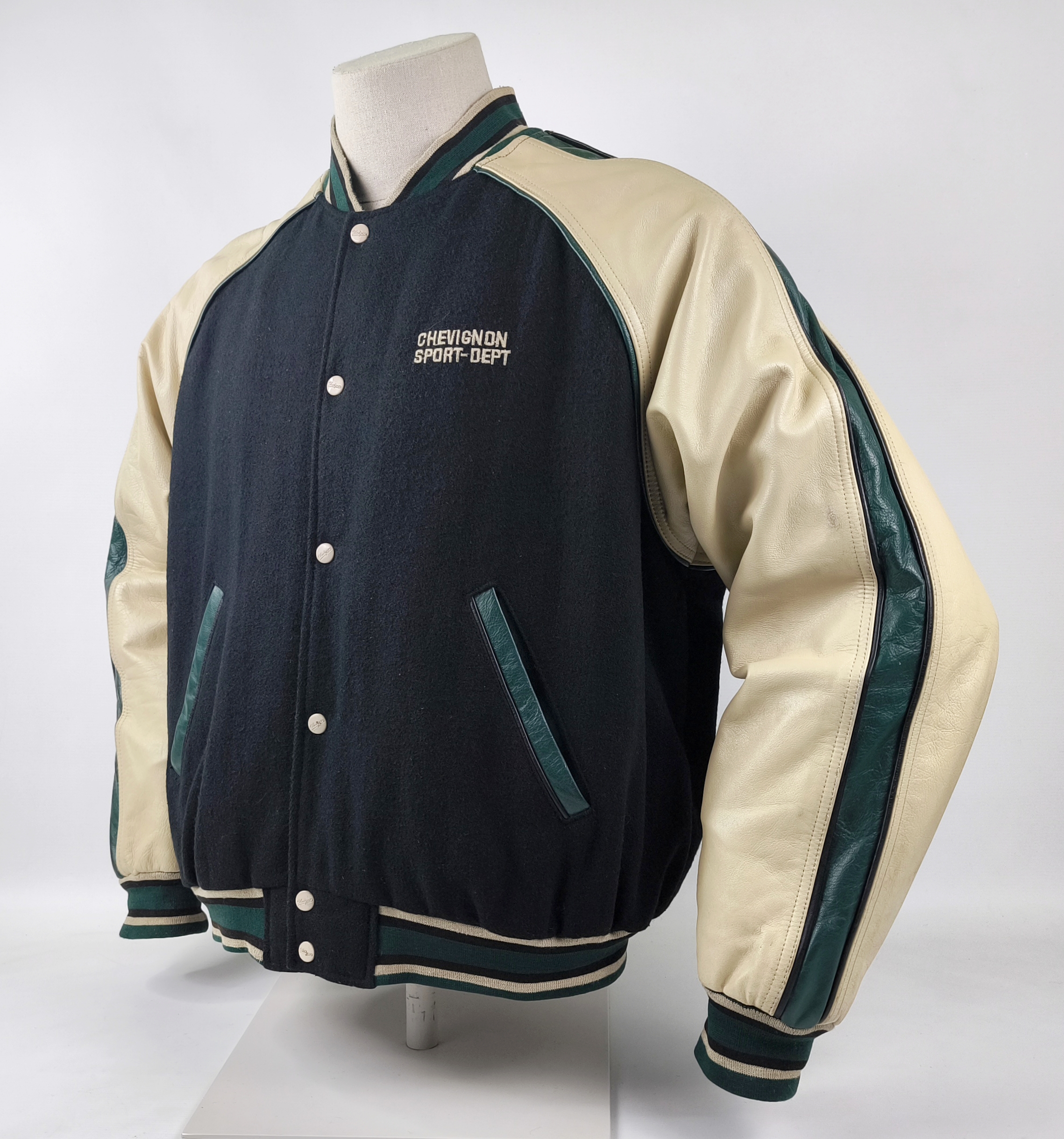Chevignon Jacke College CSD Sport Dept Gr. XL (L) schwarz creme Wolle Leder Mix