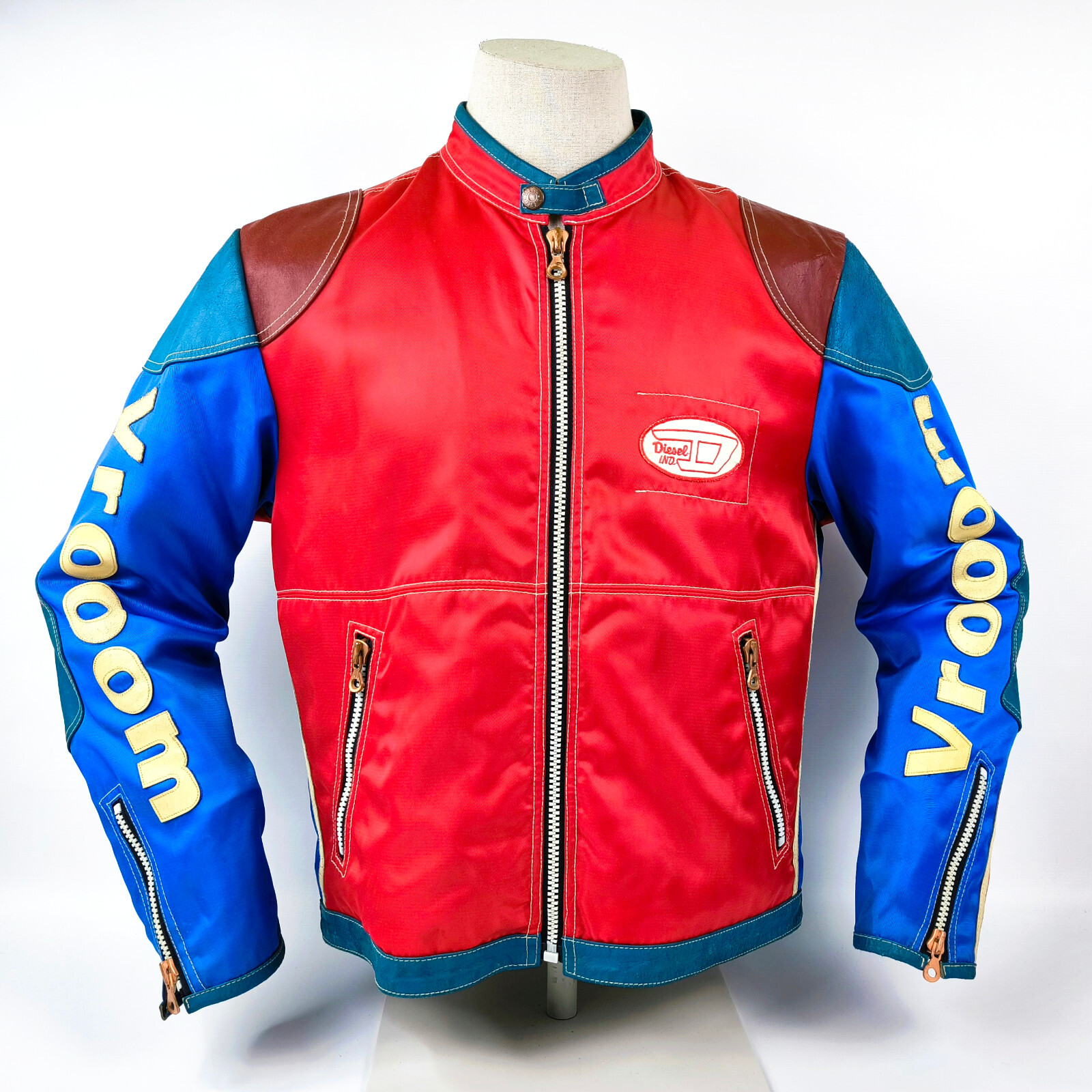 Diesel Jacke Vrooom Leder Nylon Mix Gr. L rot / blau / creme 90er vintage Biker