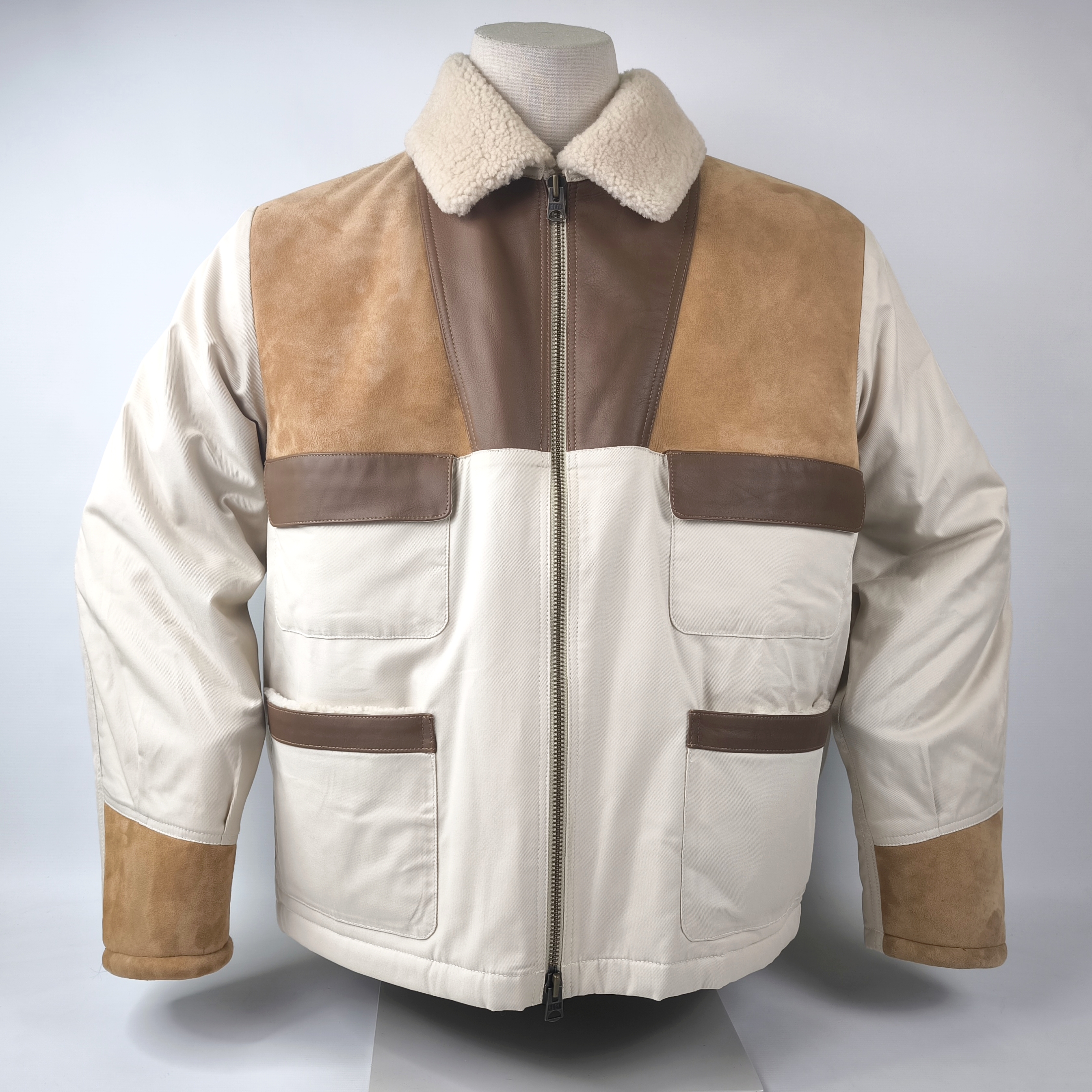 Chevignon Jacke Lammfell und Leder Besatz Gr. XXL (XL) Webpelz naturfarben