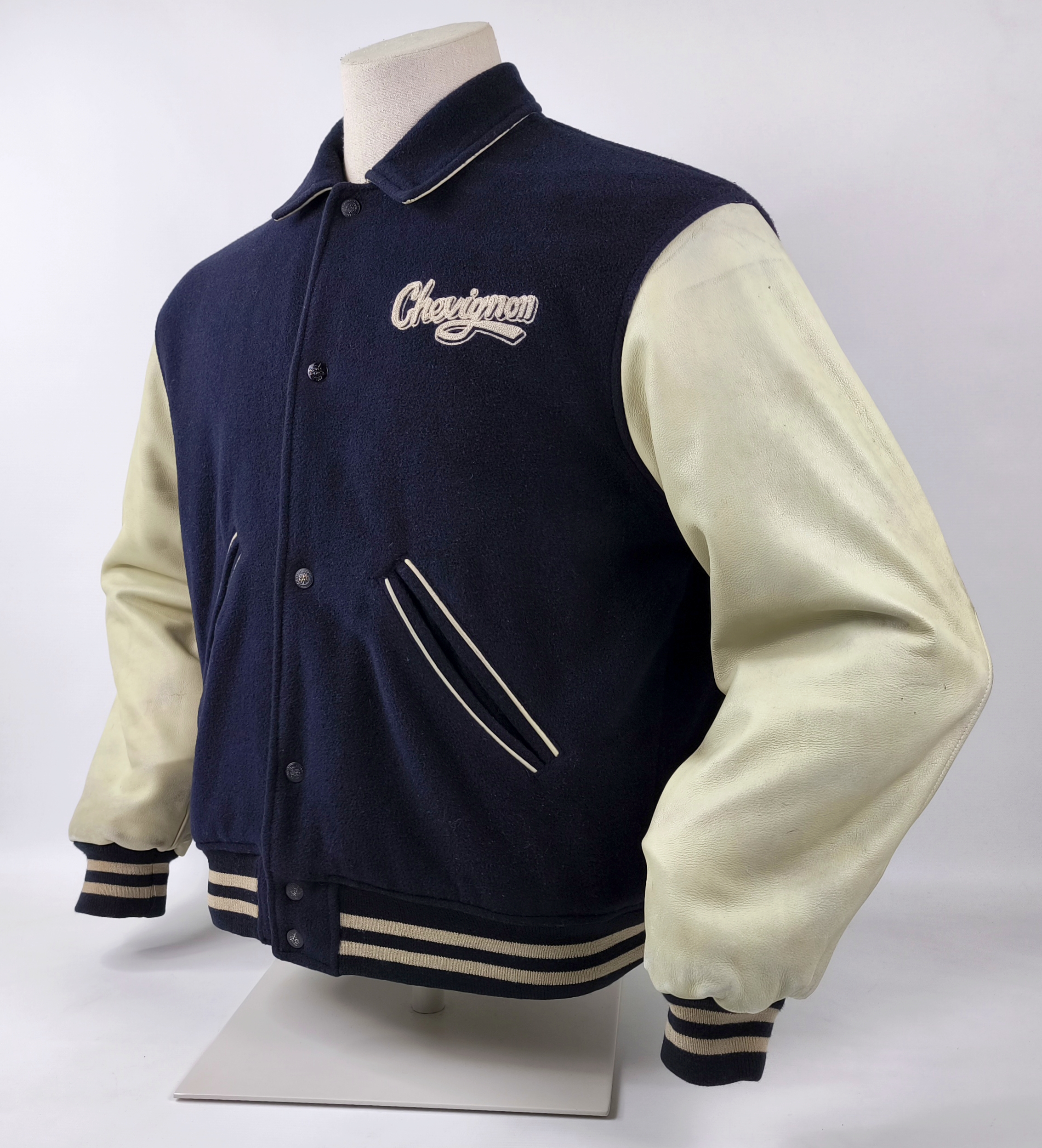 Chevignon Jacke College Bay Winds dunkelblau creme Gr. M Wolle Leder Mix 80s
