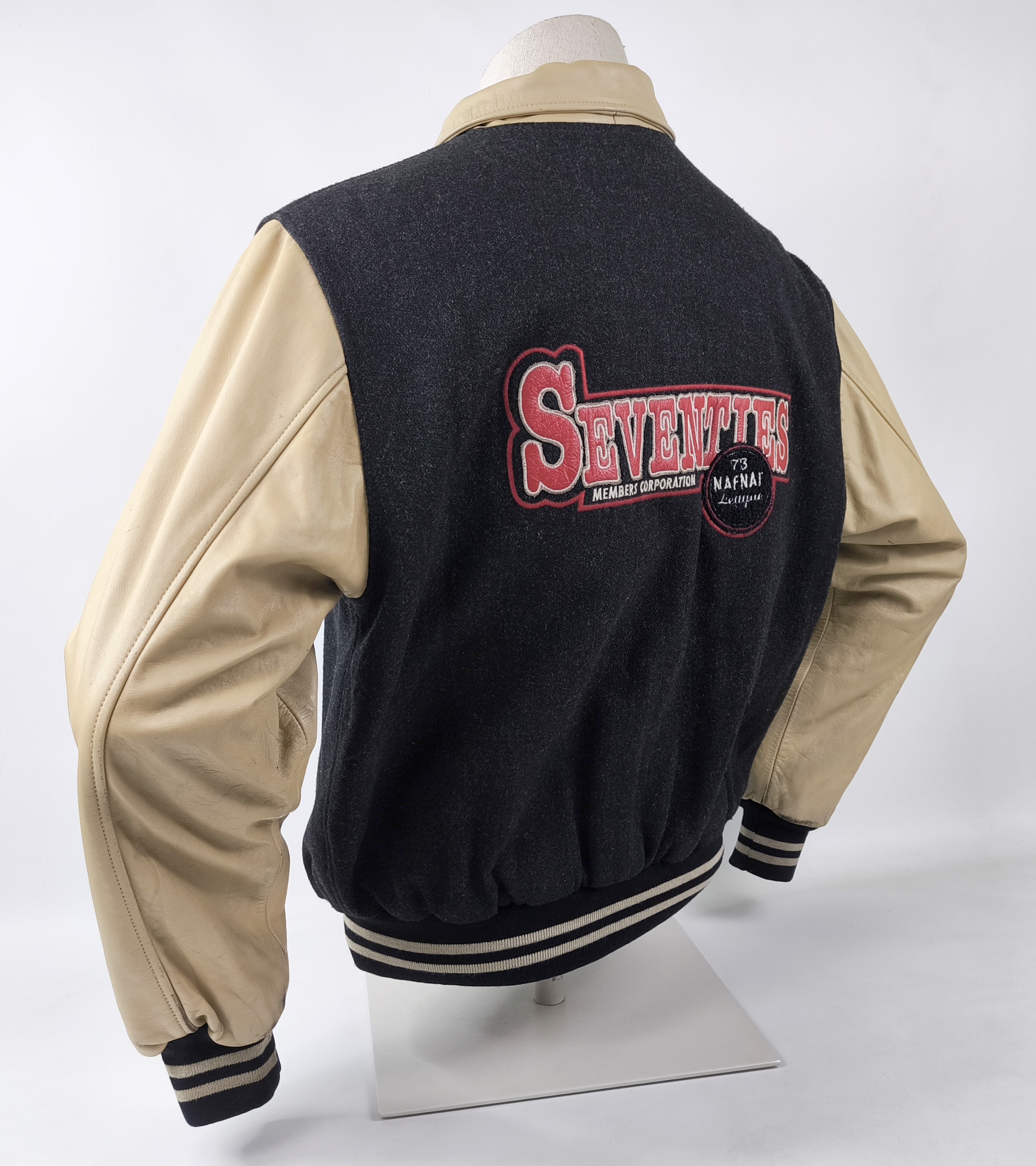 Naf Naf Jacke College Seventies Gr. L (M) schwarz beige Leder Wolle Mix vintage