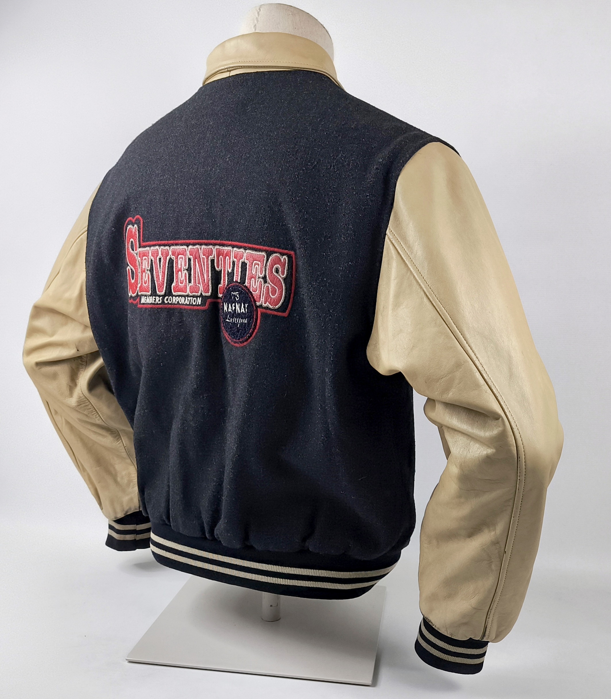 Naf Naf Jacke College Seventies Gr. L (M) schwarz beige Leder Wolle Mix vintage