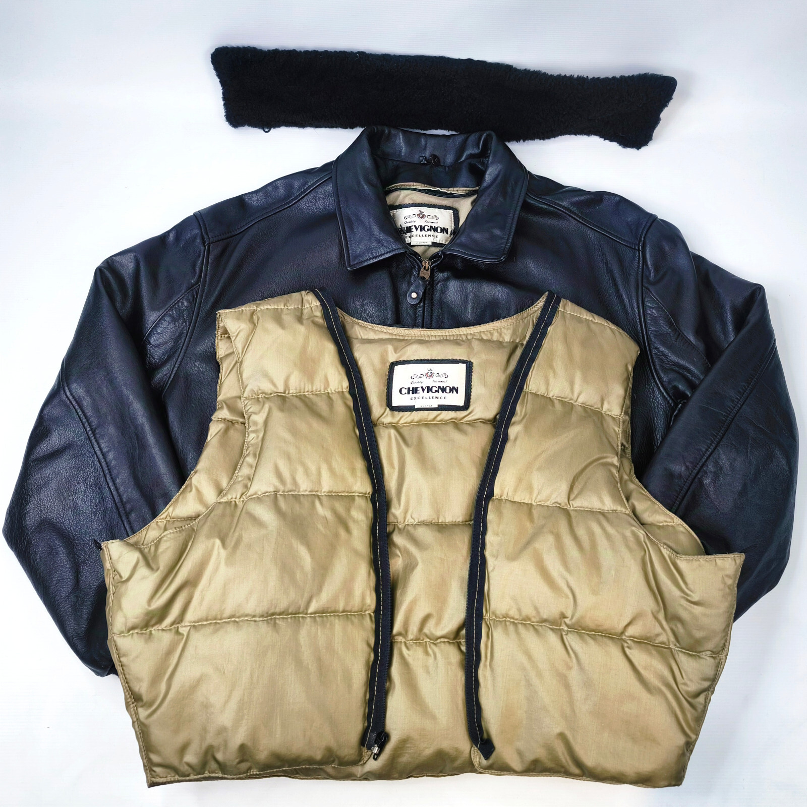 Chevignon Lederjacke schwarz Gr. XL mit herausnehmbarer Daunen Weste und Webpelz