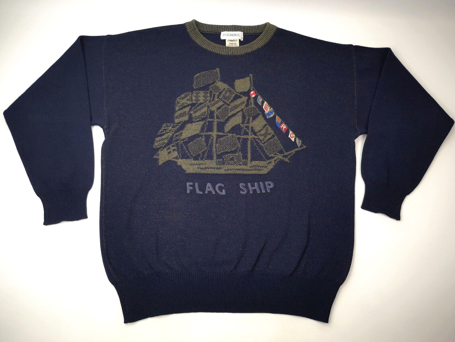 Iceberg Strick Pullover Flag Ship dunkelblau Gr. VI (XL) vintage 90s