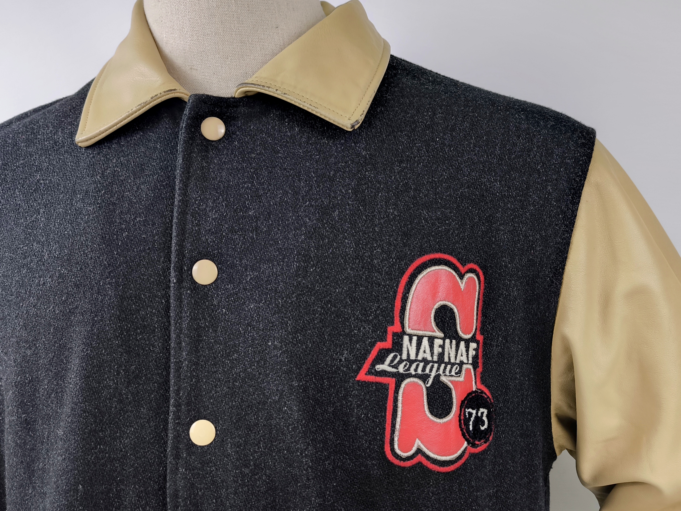 Naf Naf Jacke College Seventies Gr. L (M) schwarz beige Leder Wolle Mix vintage
