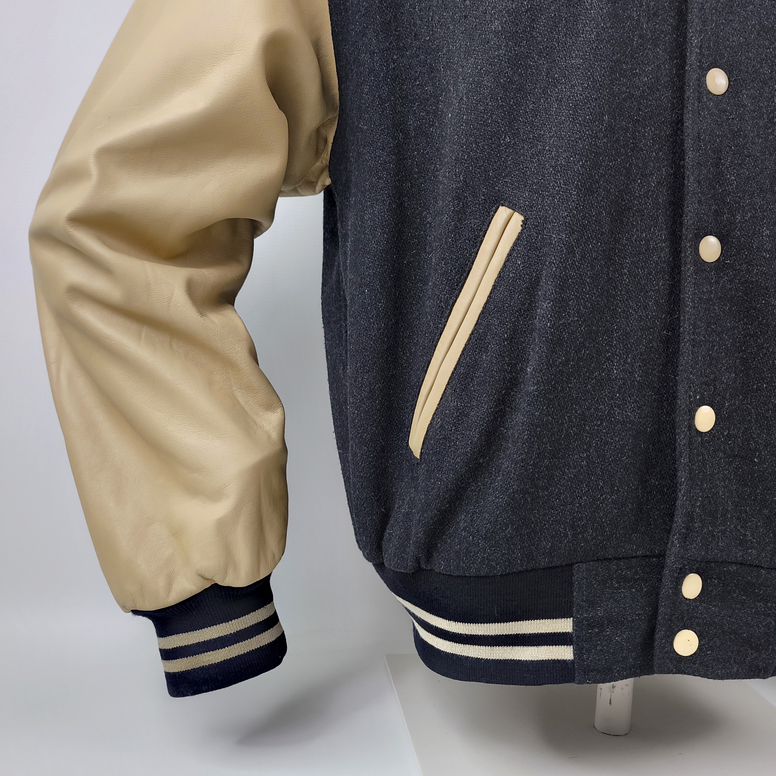 Naf Naf Jacke College Seventies Gr. L (M) schwarz beige Leder Wolle Mix vintage