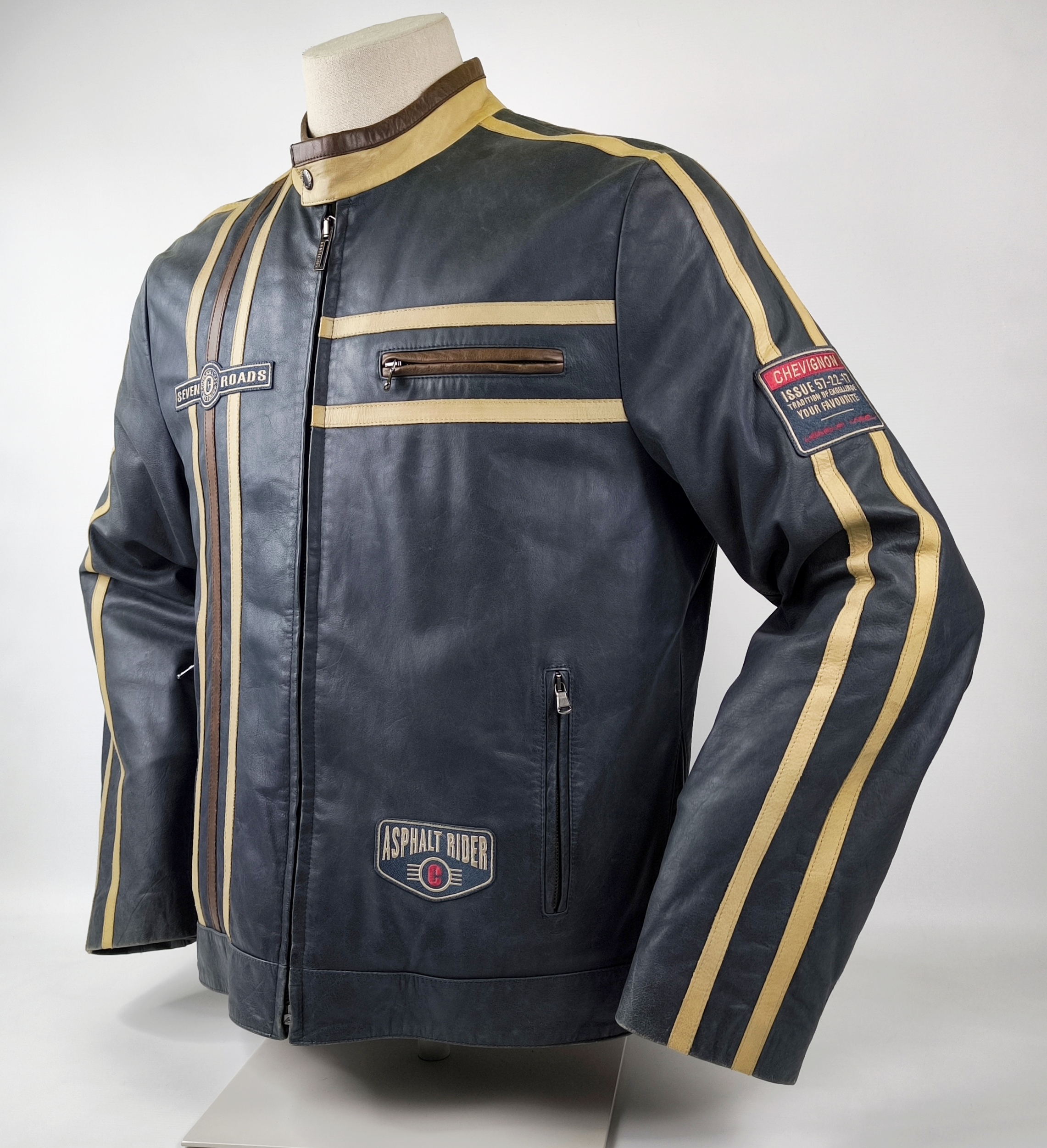 Chevignon Lederjacke Seven Roads Asphalt Rider Gr. XXL (XL) Biker blaugrau
