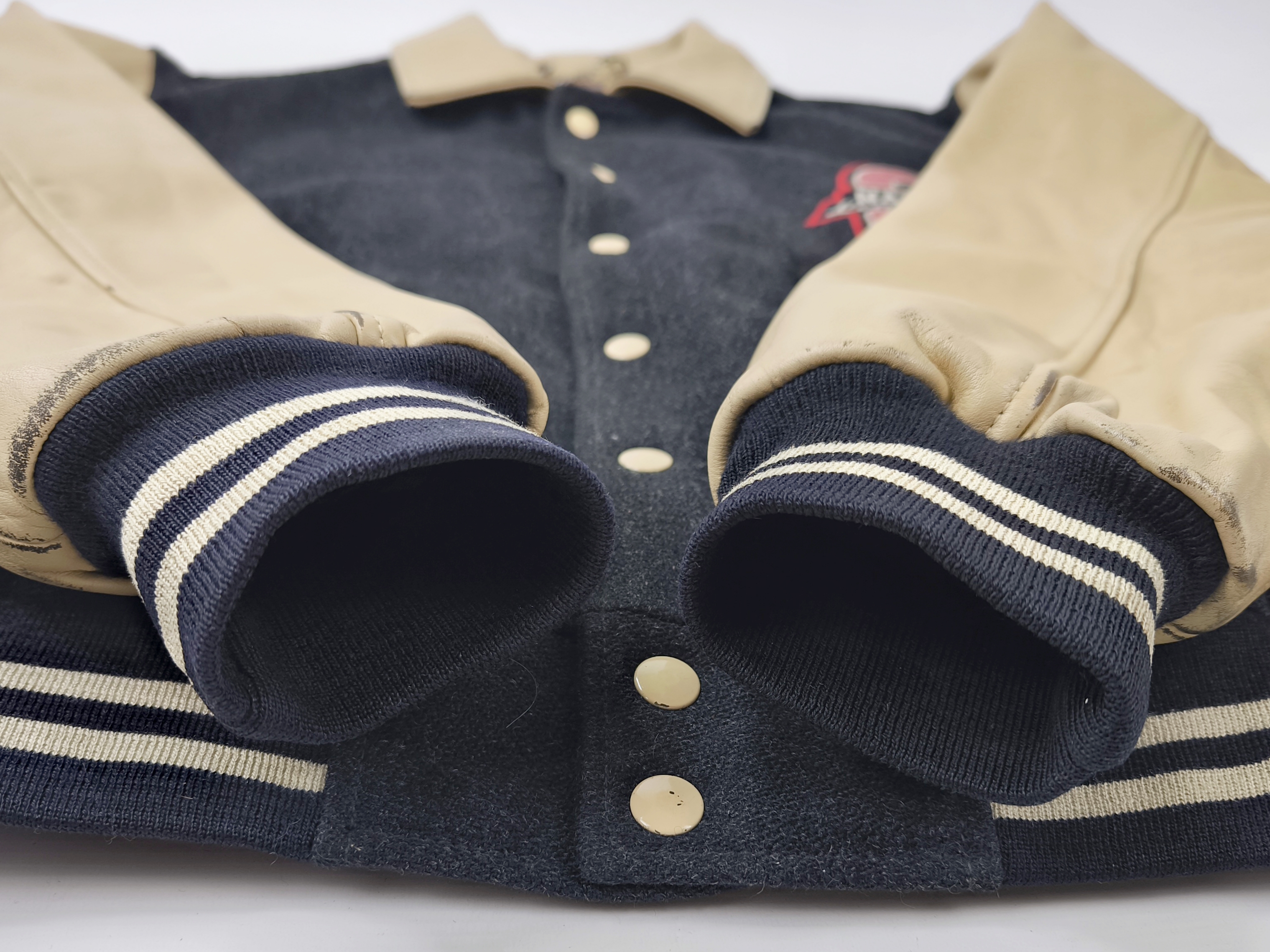 Naf Naf Jacke College Seventies Gr. L (M) schwarz beige Leder Wolle Mix vintage