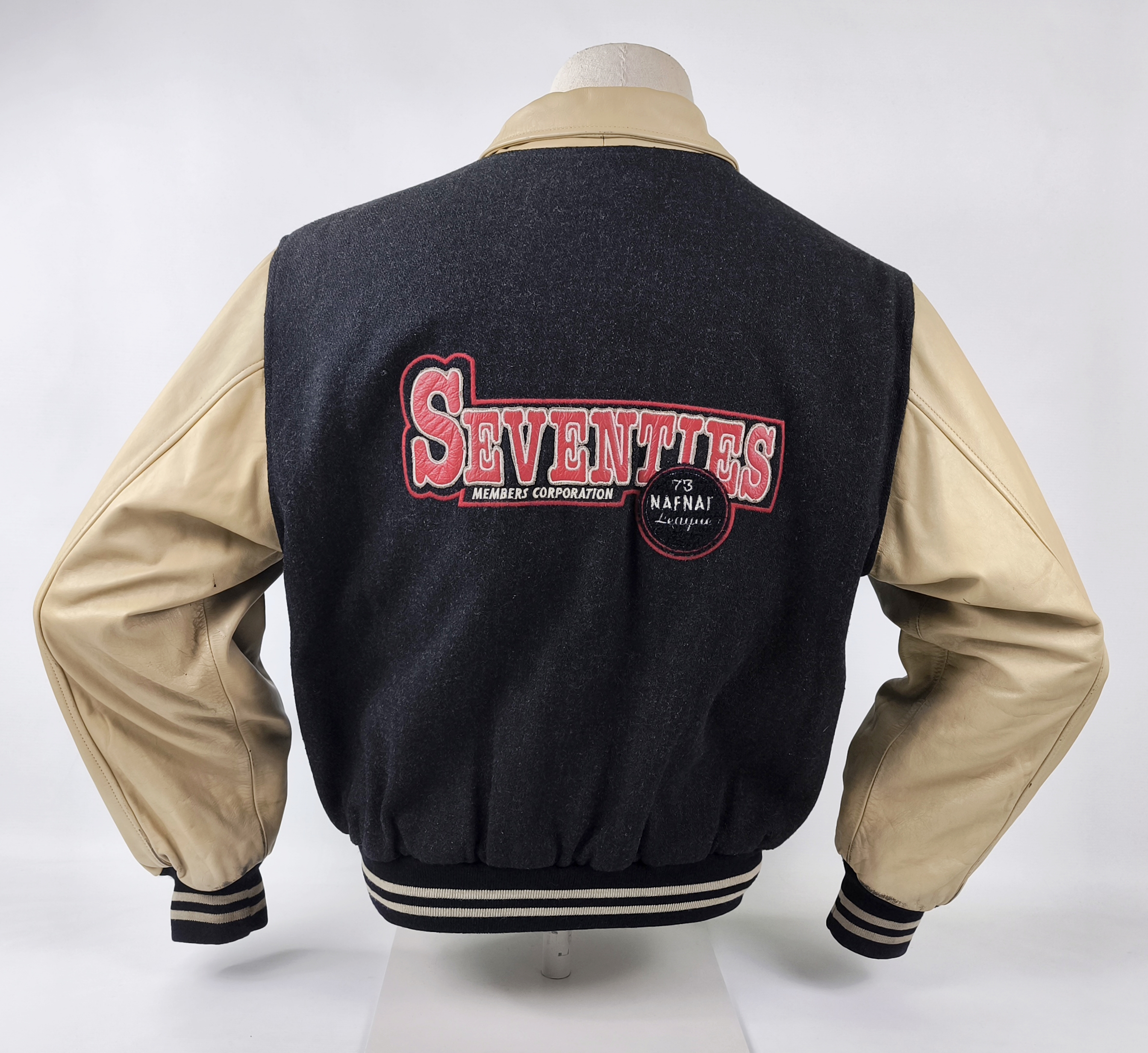 Naf Naf Jacke College Seventies Gr. L (M) schwarz beige Leder Wolle Mix vintage