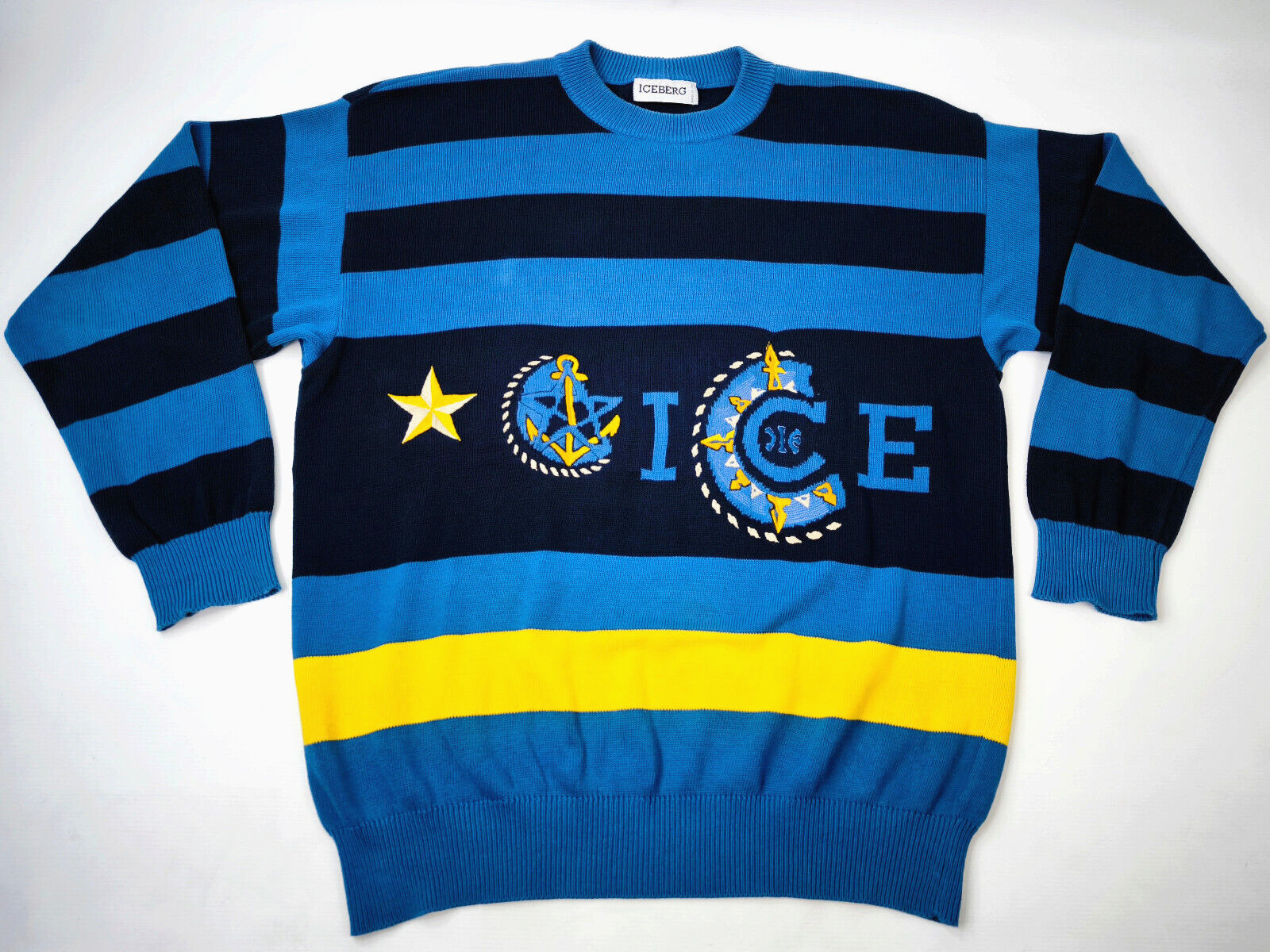 Iceberg Strick Pullover blau gelb Gr. XL (6) vintage