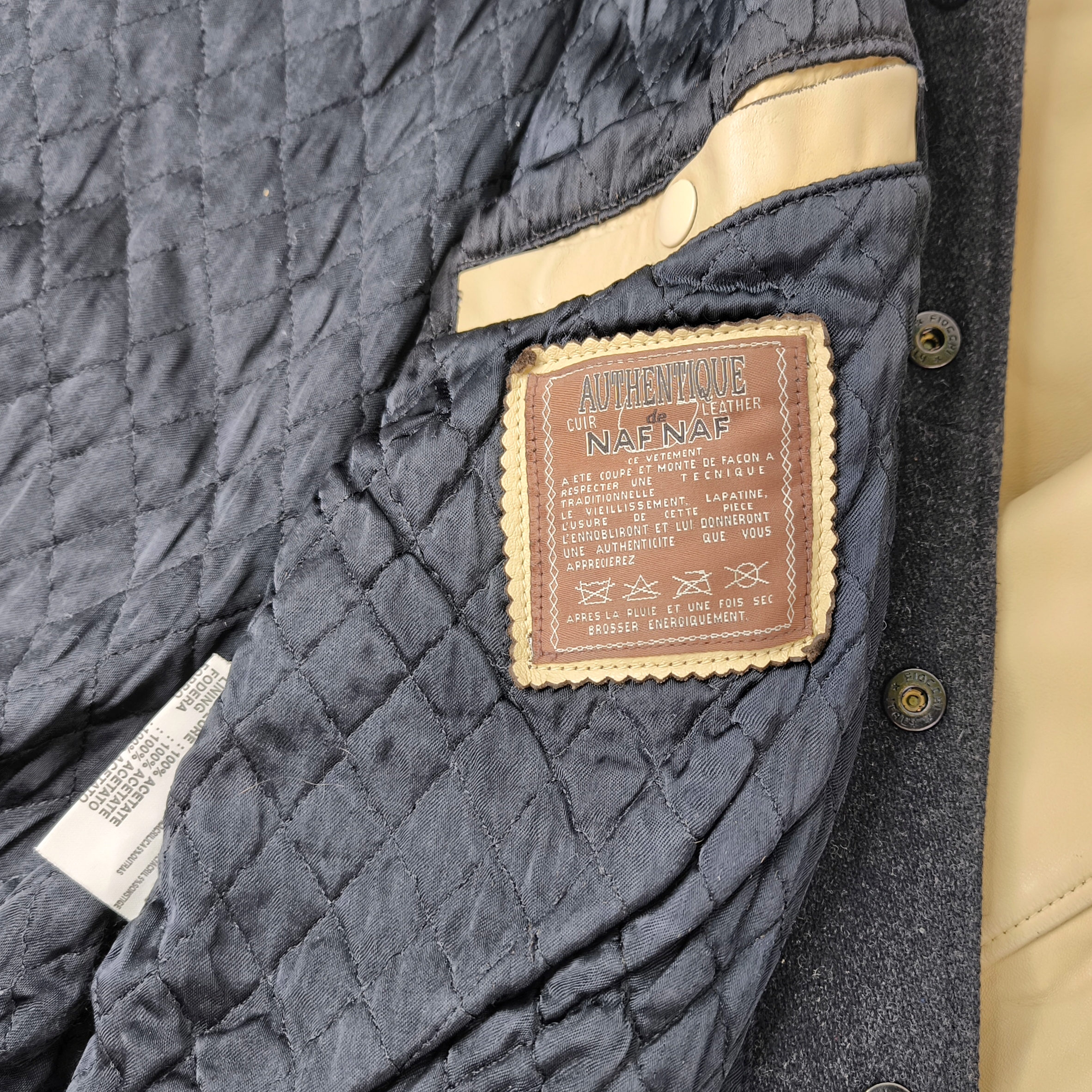 Naf Naf Jacke College Seventies Gr. L (M) schwarz beige Leder Wolle Mix vintage