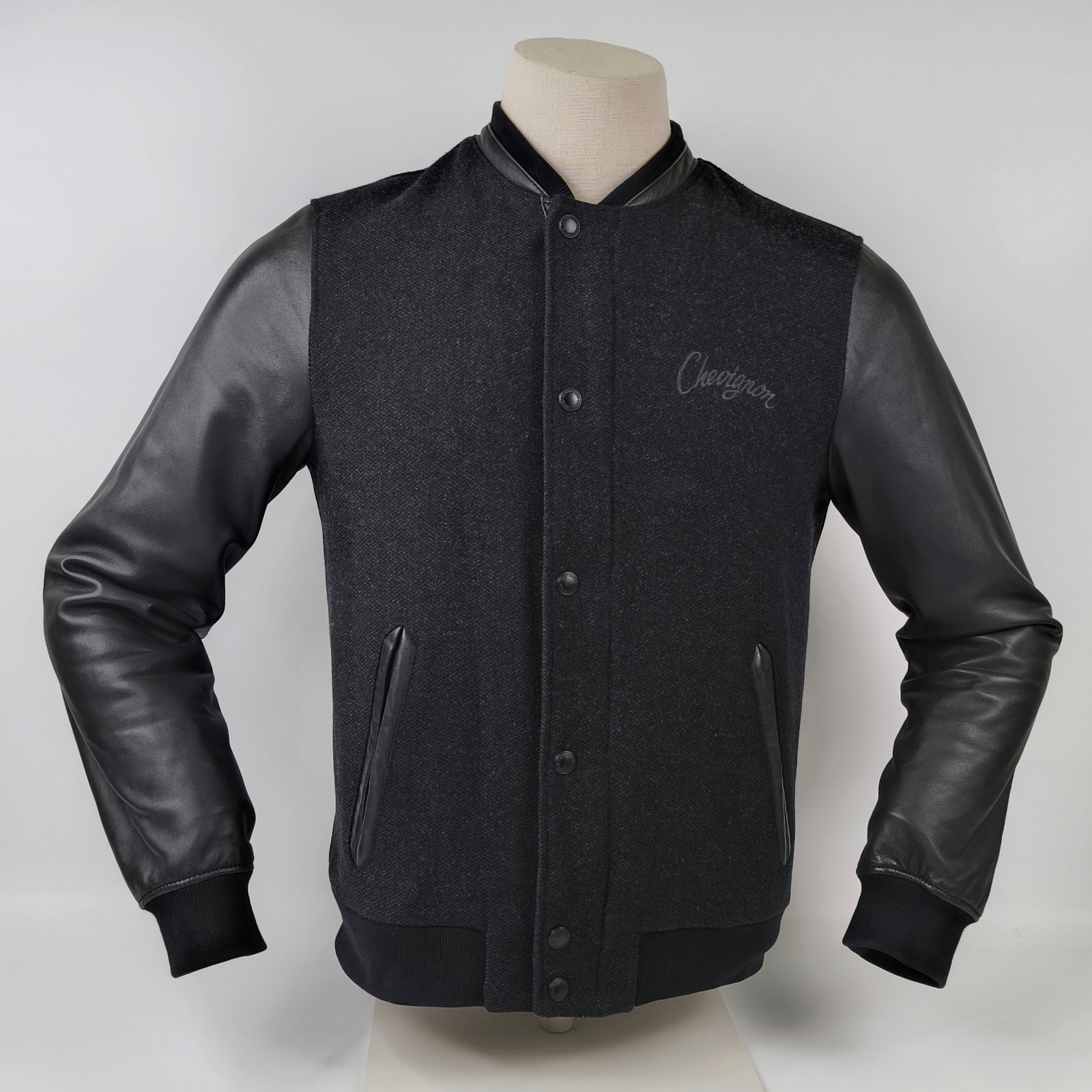 Chevignon Jacke Lederärmel anthrazit / schwarz Gr. M Wolle / Leder Mix Logo vorn