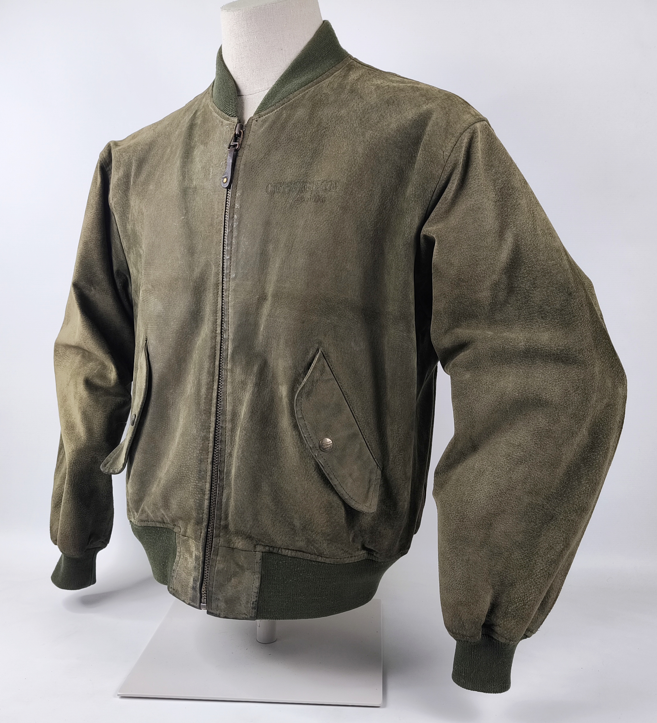 Chevignon Lederjacke grün Gr. XL (L) Wildleder Jacke vintage 90s Logo vorn