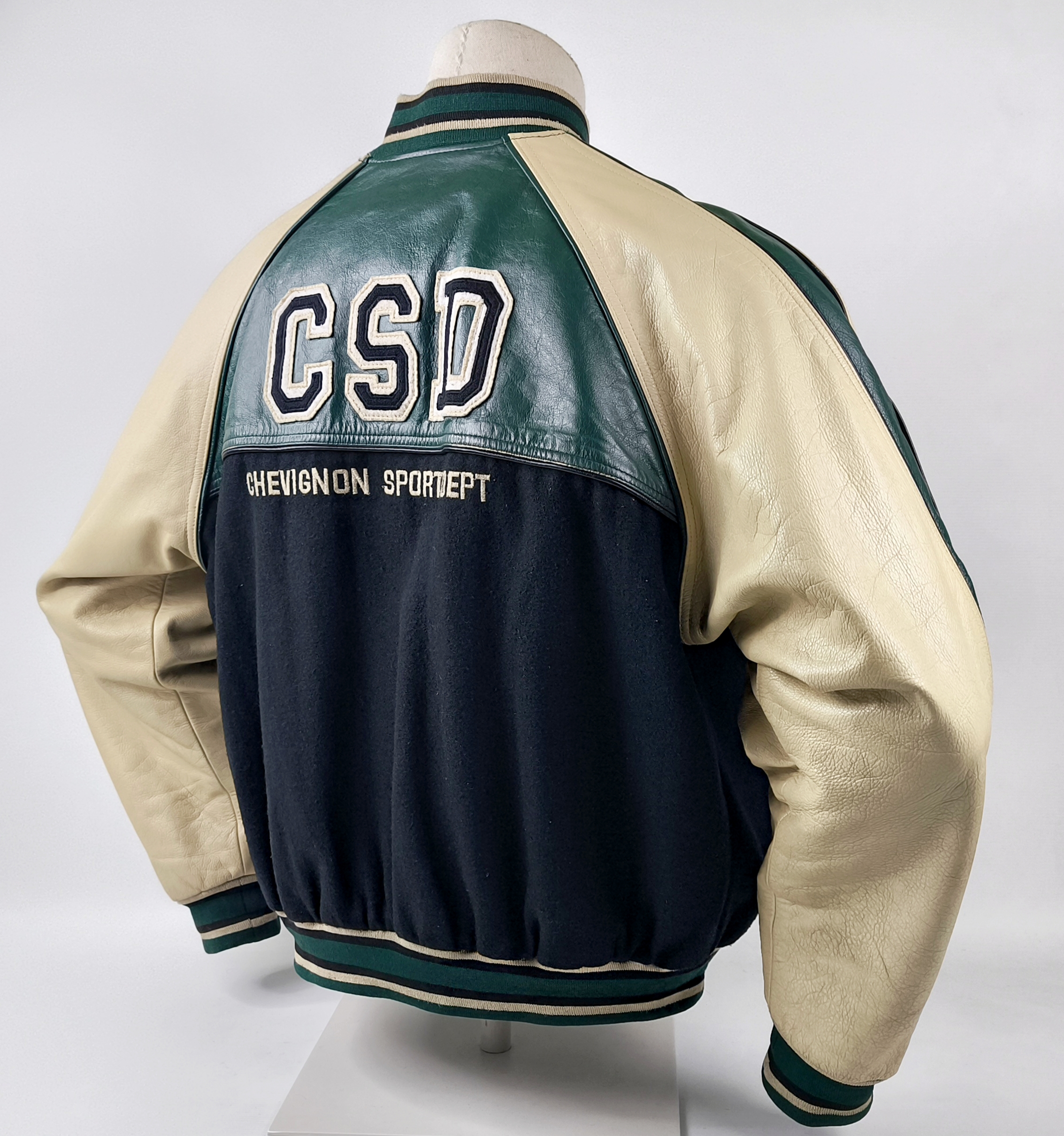 Chevignon Jacke College CSD Sport Dept Gr. XL (L) schwarz creme Wolle Leder Mix