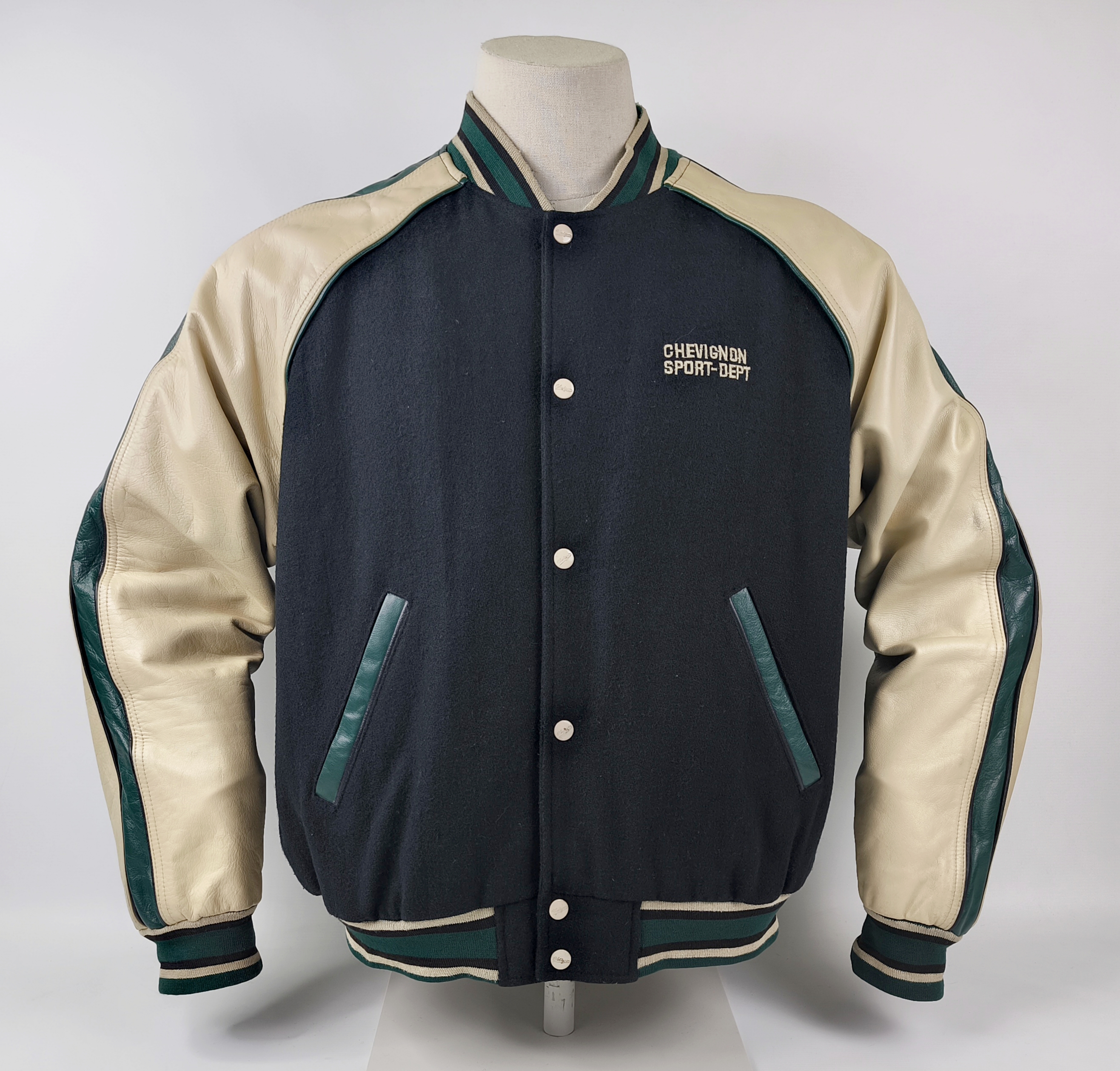 Chevignon Jacke College CSD Sport Dept Gr. XL (L) schwarz creme Wolle Leder Mix