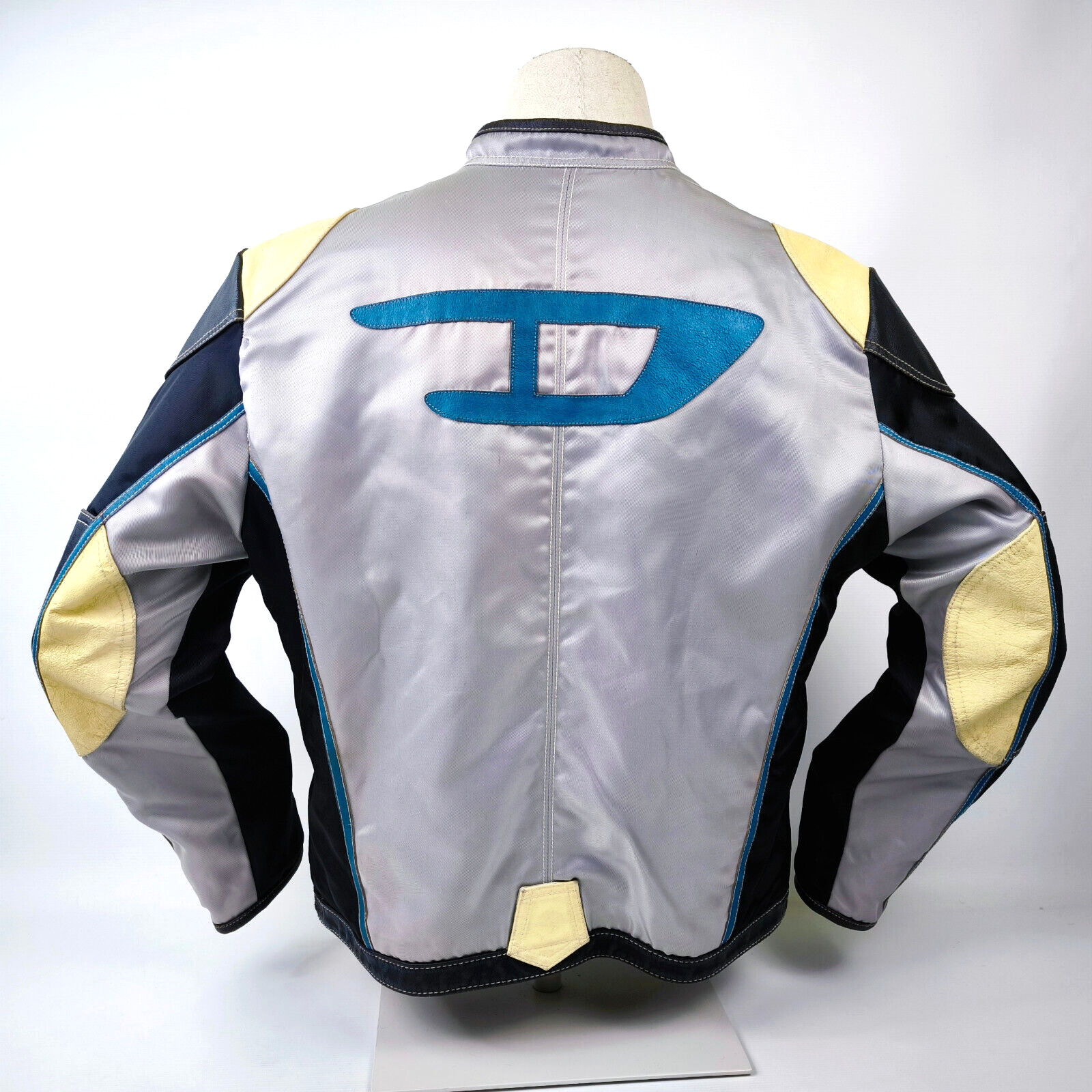 Diesel Ind. Jacke Vroom silber schwarz Gr. XL 90er Leder Nylon Mix vintage Biker