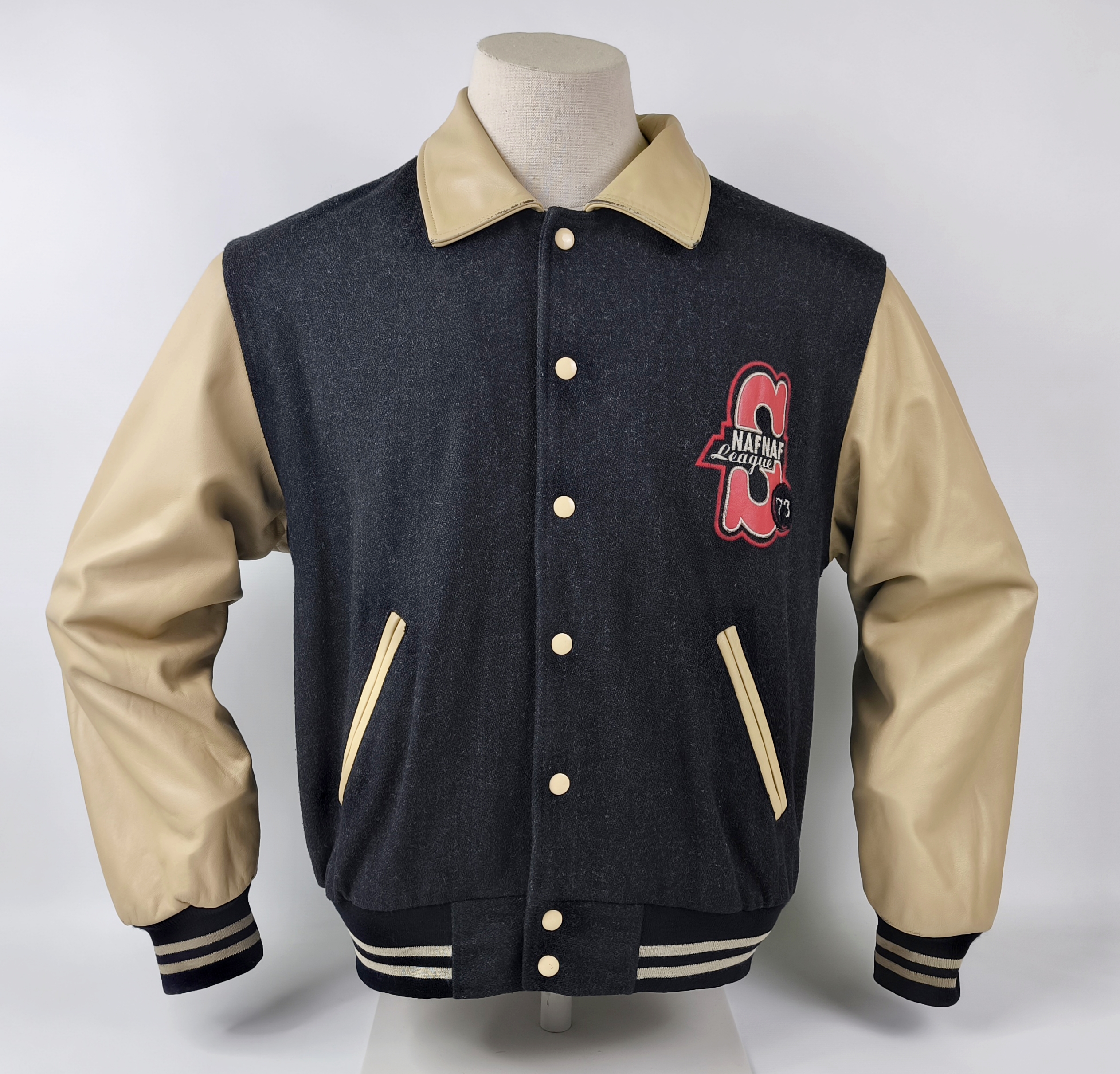 Naf Naf Jacke College Seventies Gr. L (M) schwarz beige Leder Wolle Mix vintage