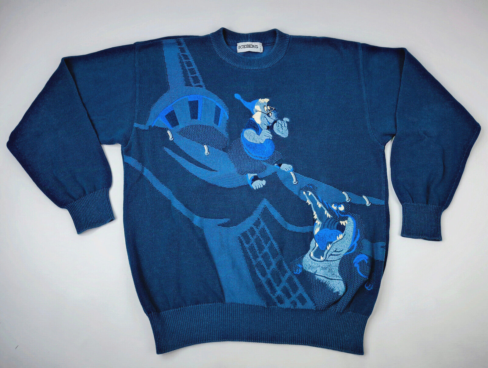Iceberg Strick Pullover Alligator blau Gr. III (L) vintage 90s