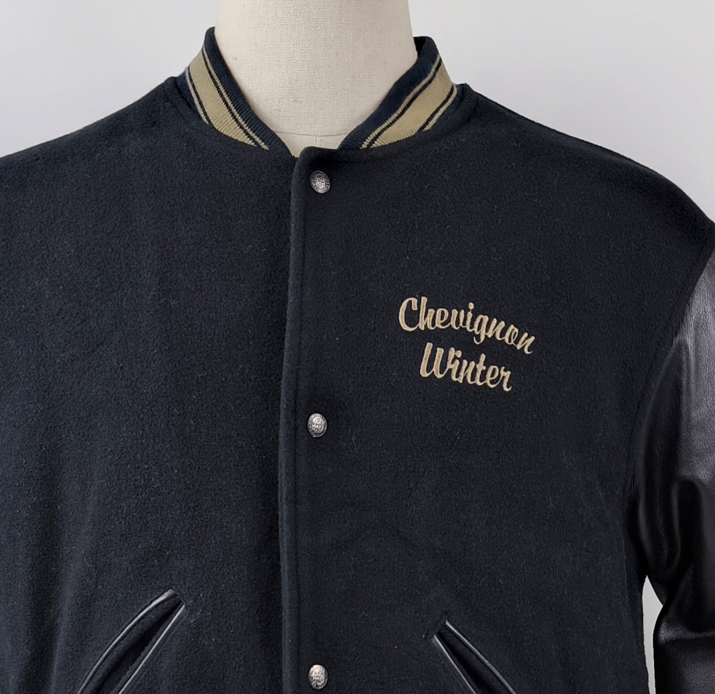 Chevignon Jacke Winter Leder Wolle Mix schwarz Gr. XL (L) 80s 90s vintage