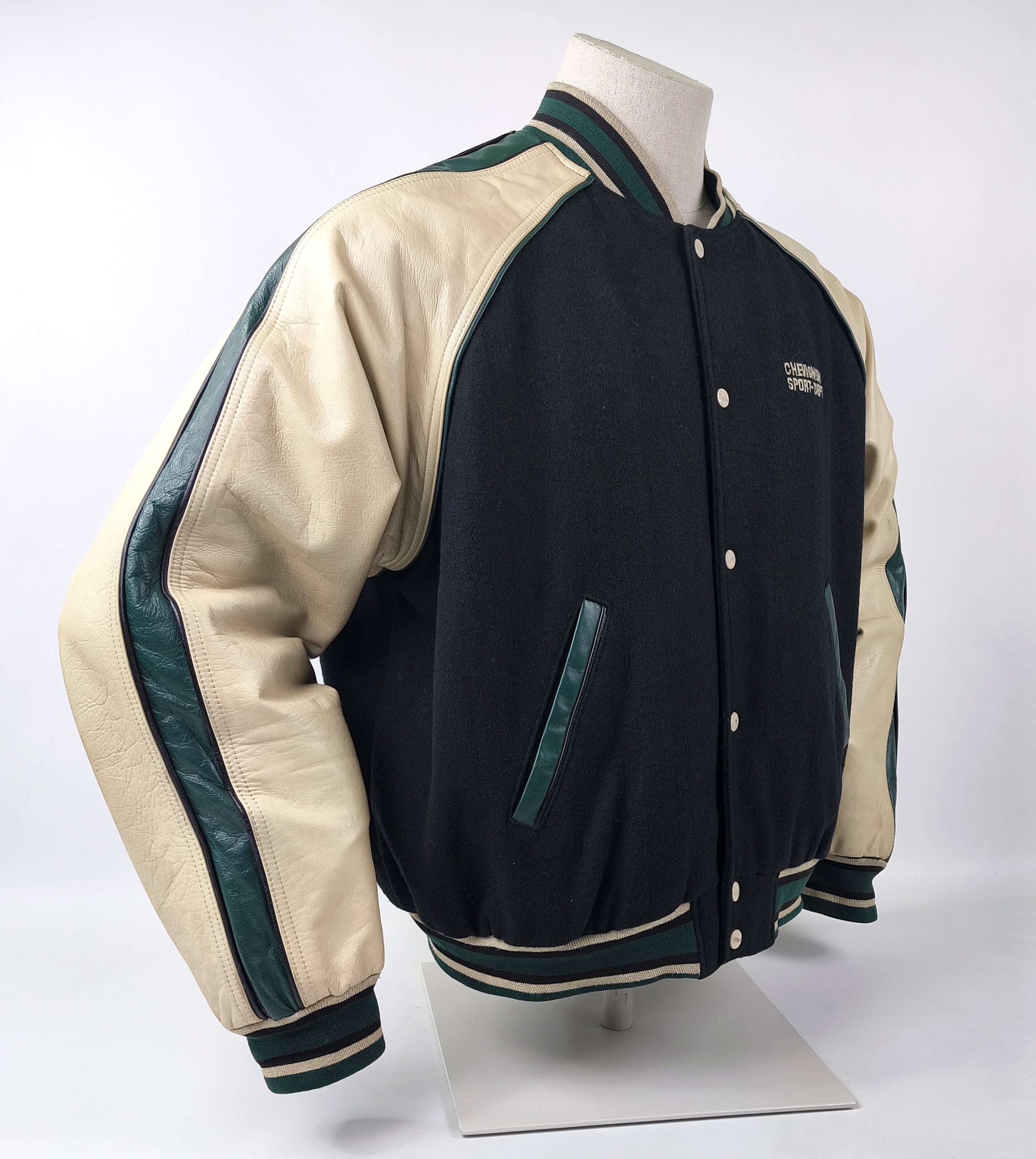 Chevignon Jacke College CSD Sport Dept Gr. XL (L) schwarz creme Wolle Leder Mix