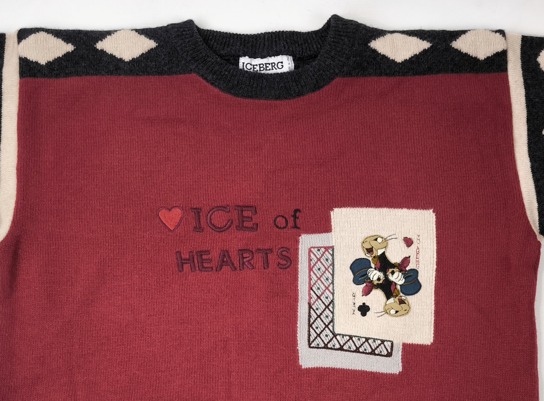 Iceberg Strick Pullover Joker Ice of Hearts Gr III (M) Italy vintage 90s weinrot
