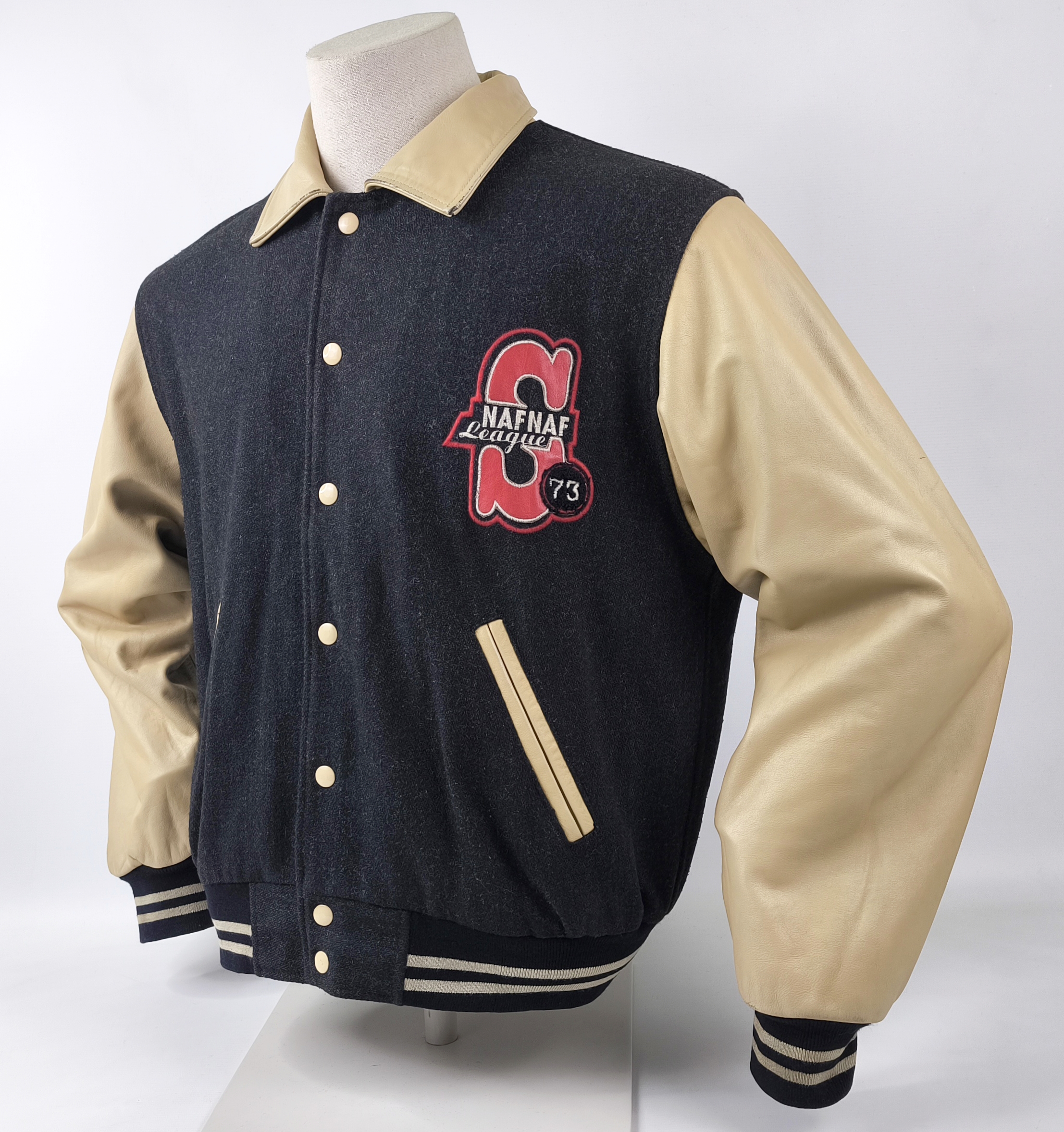 Naf Naf Jacke College Seventies Gr. L (M) schwarz beige Leder Wolle Mix vintage