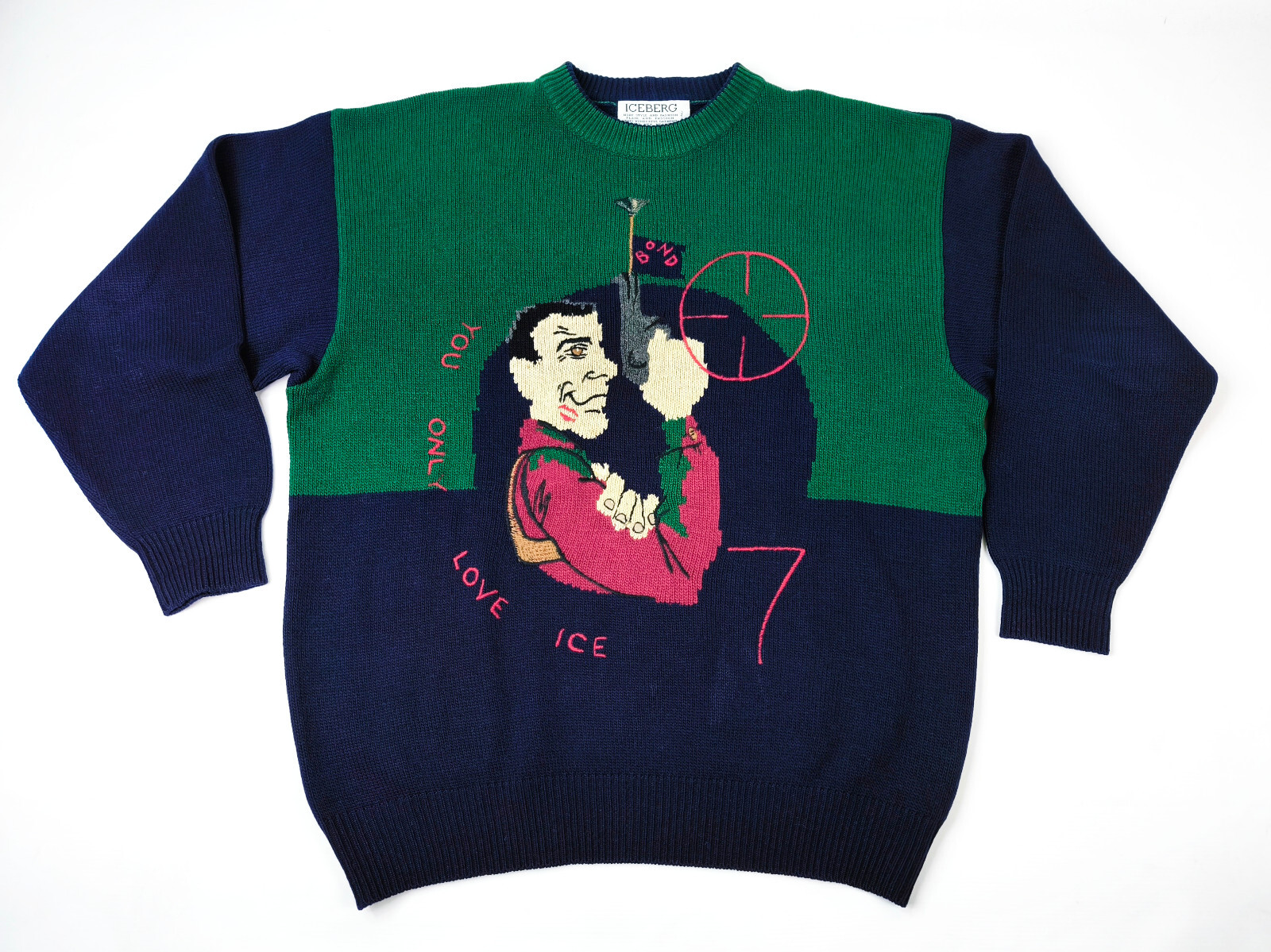 Iceberg Strick Pullover James Bond dunkelblau / grün Gr. III (M/L) vintage