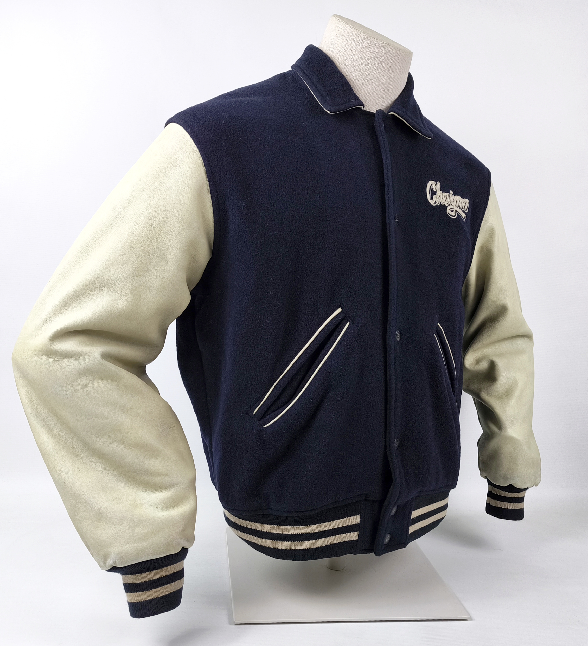 Chevignon Jacke College Bay Winds dunkelblau creme Gr. M Wolle Leder Mix 80s
