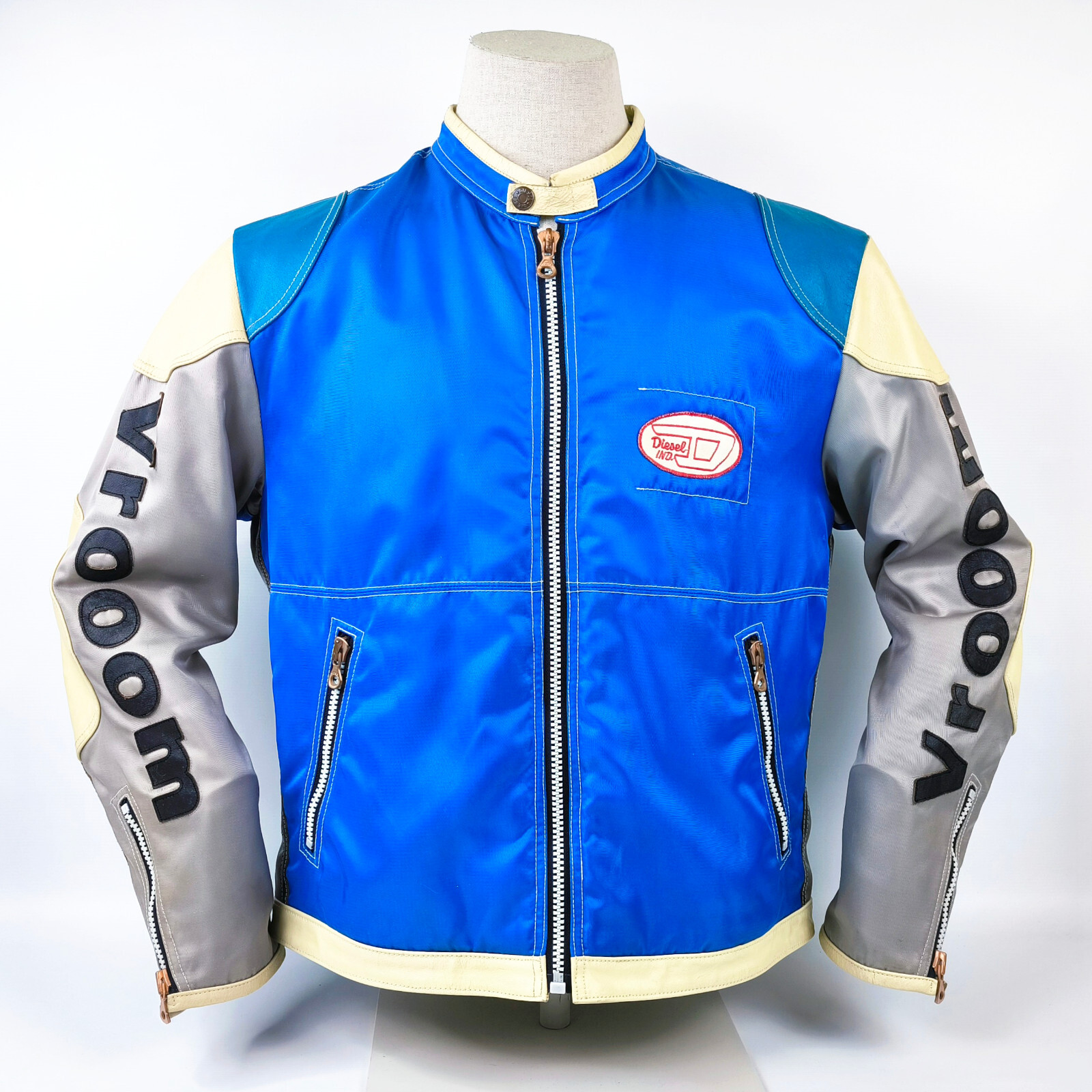 Diesel Jacke Vrooom Leder Nylon Mix Gr. XL blau / silber 90er vintage Biker