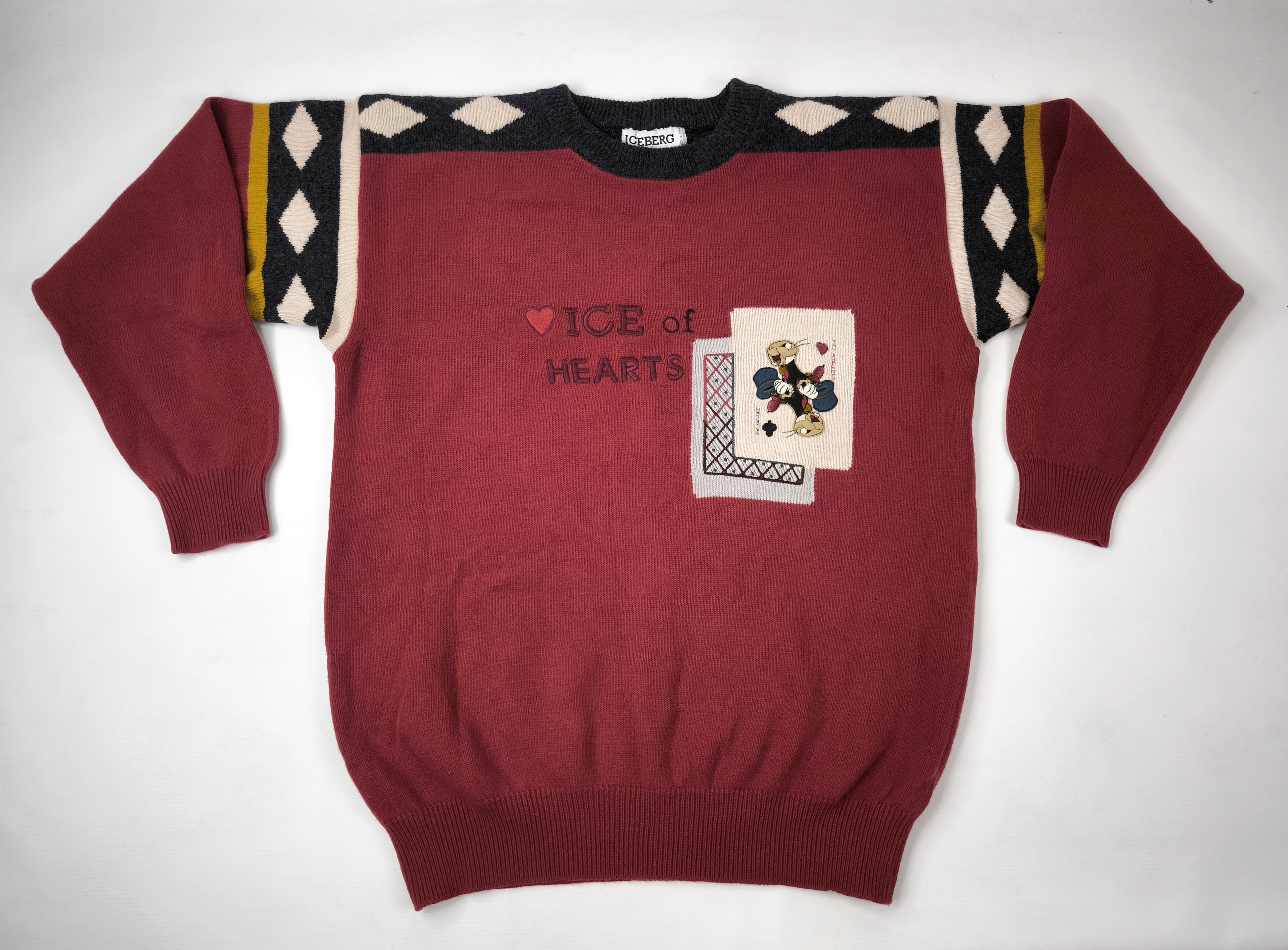 Iceberg Strick Pullover Joker Ice of Hearts Gr III (M) Italy vintage 90s weinrot