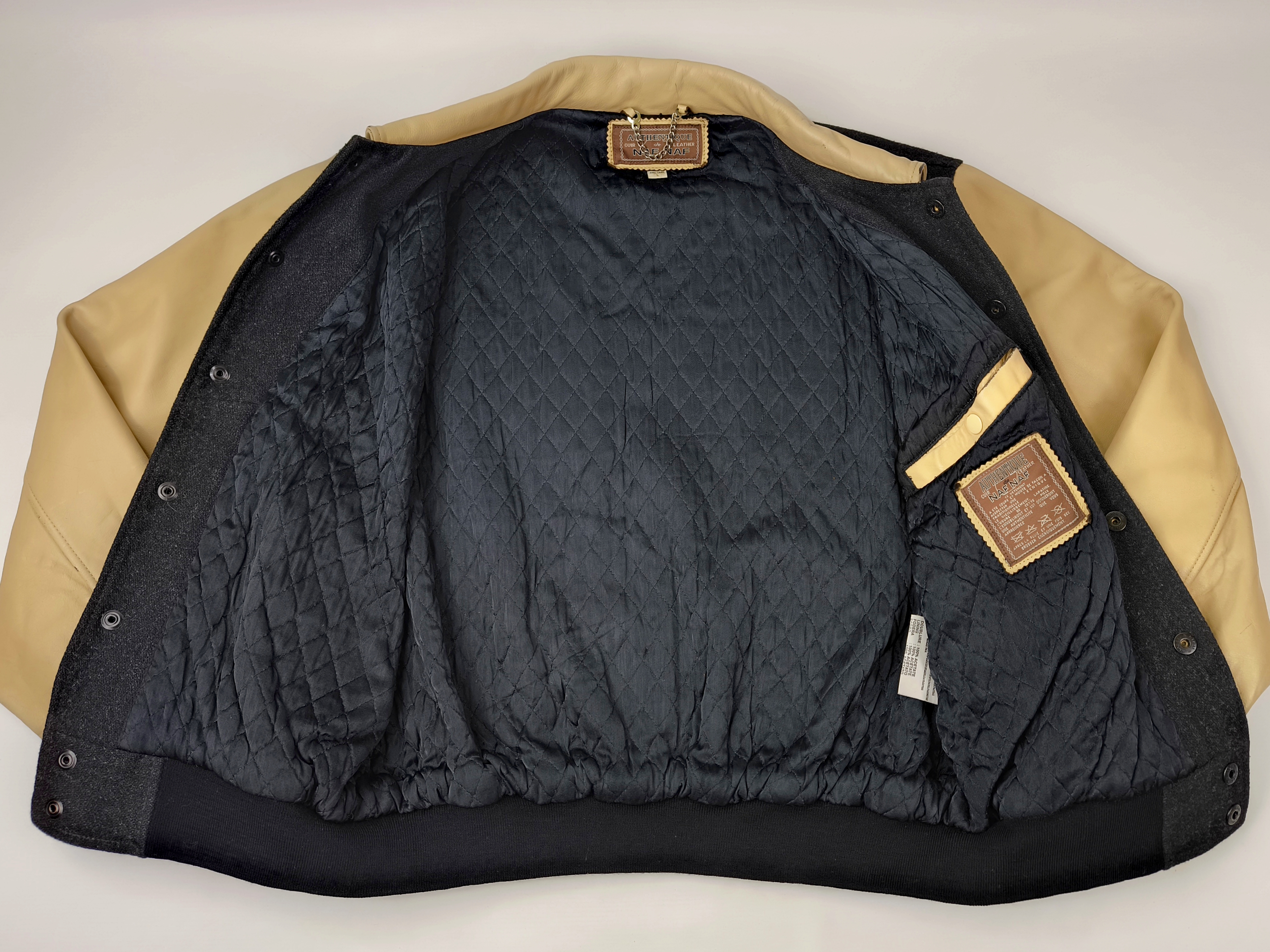 Naf Naf Jacke College Seventies Gr. L (M) schwarz beige Leder Wolle Mix vintage