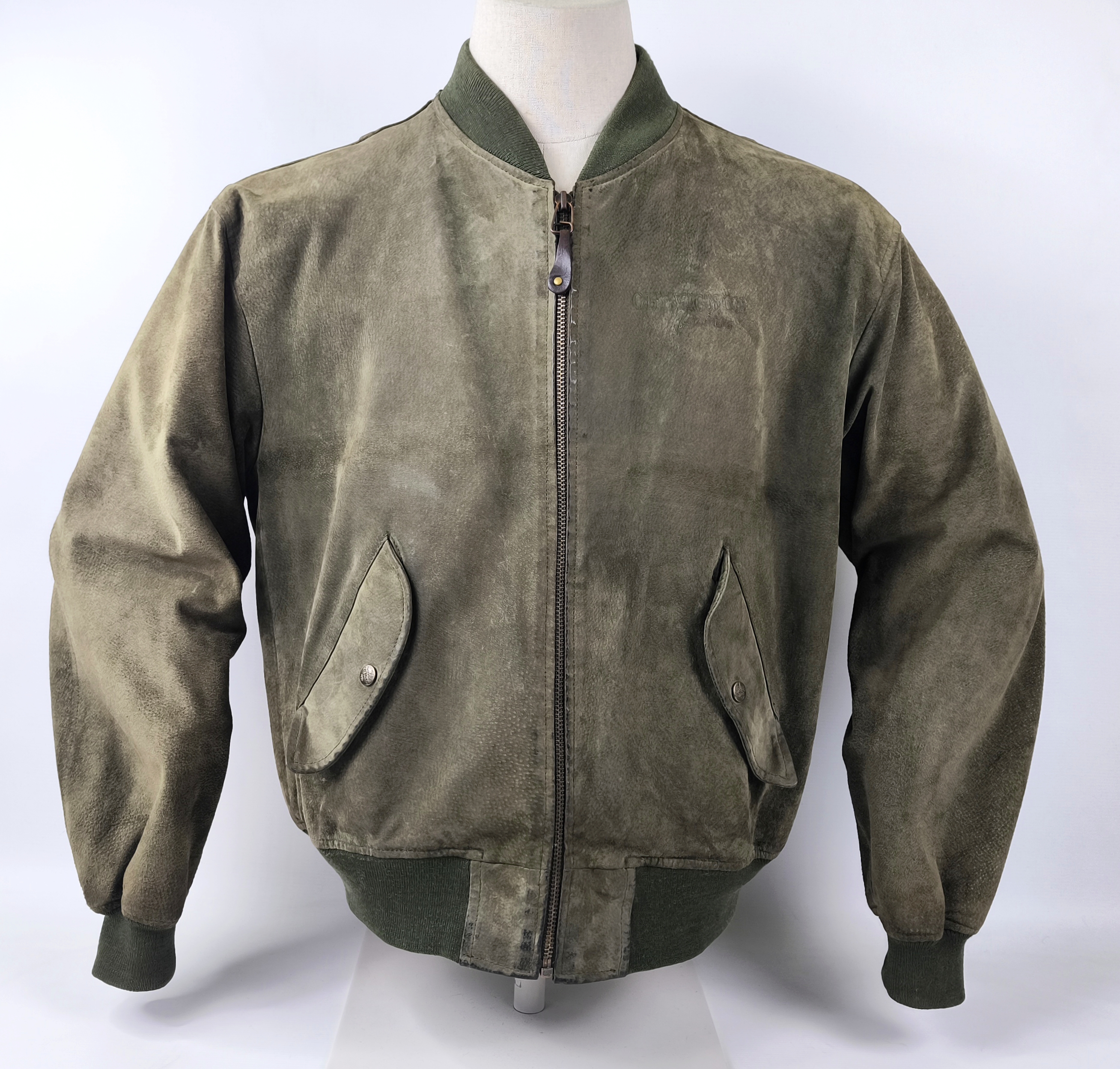 Chevignon Lederjacke grün Gr. XL (L) Wildleder Jacke vintage 90s Logo vorn