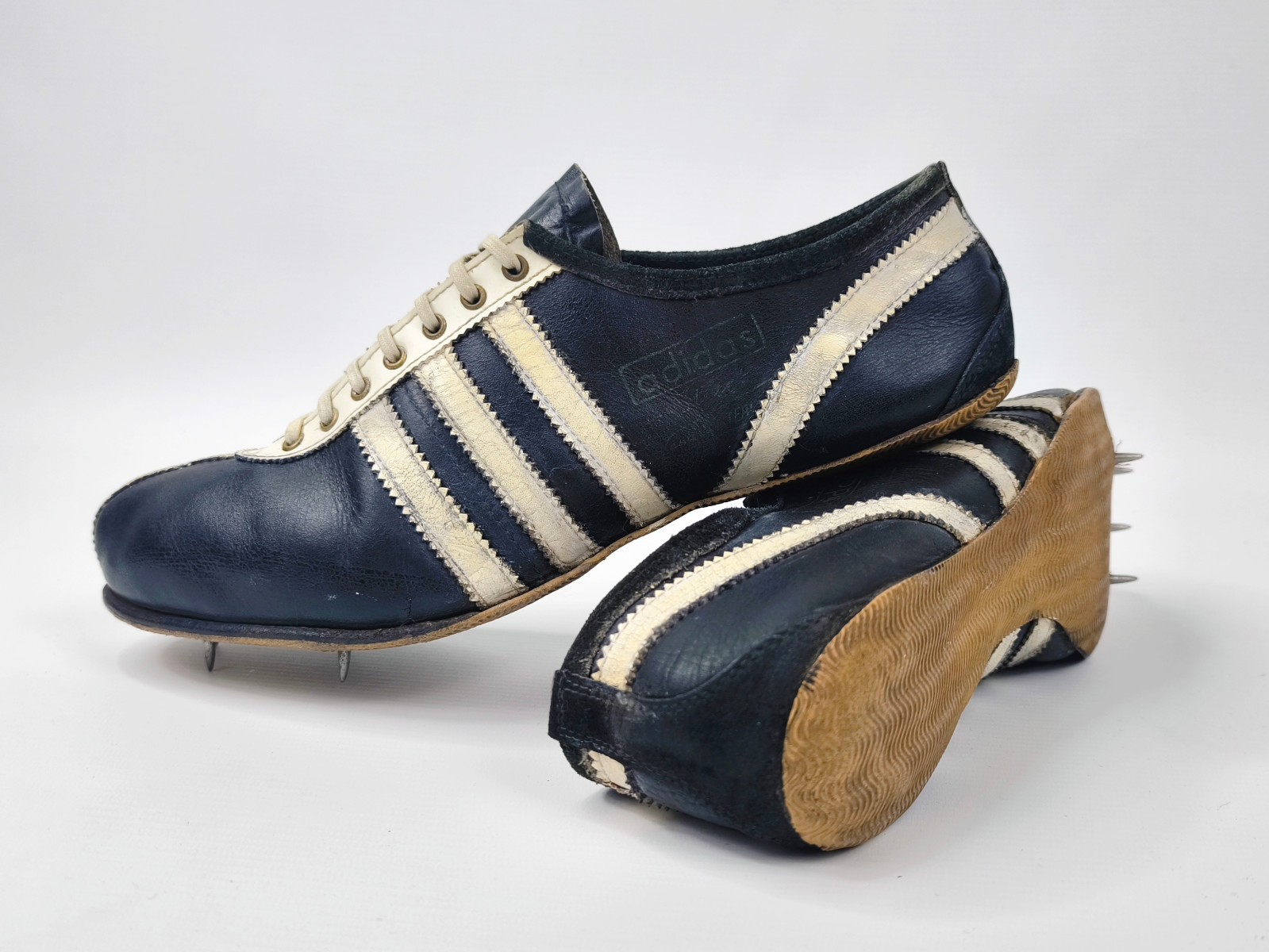 adidas Spikes Schuhe Start schwarz Eur 45 1/3 UK 10.5 vintage 1950s 3 Riemen