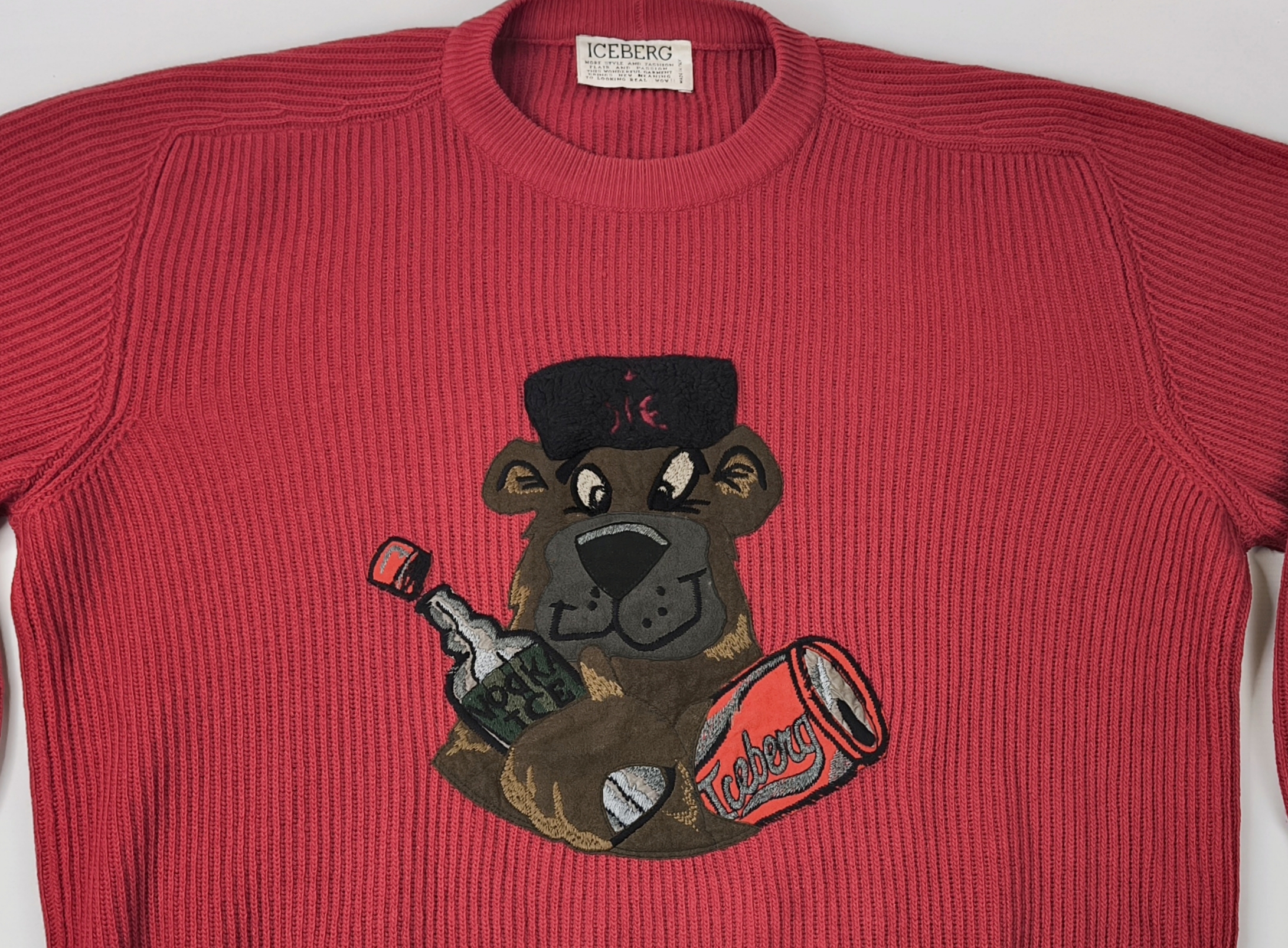 Iceberg Strick Pullover Wodka Ice Gr. VI (XL) rot Italy vintage 90s Logo Bär