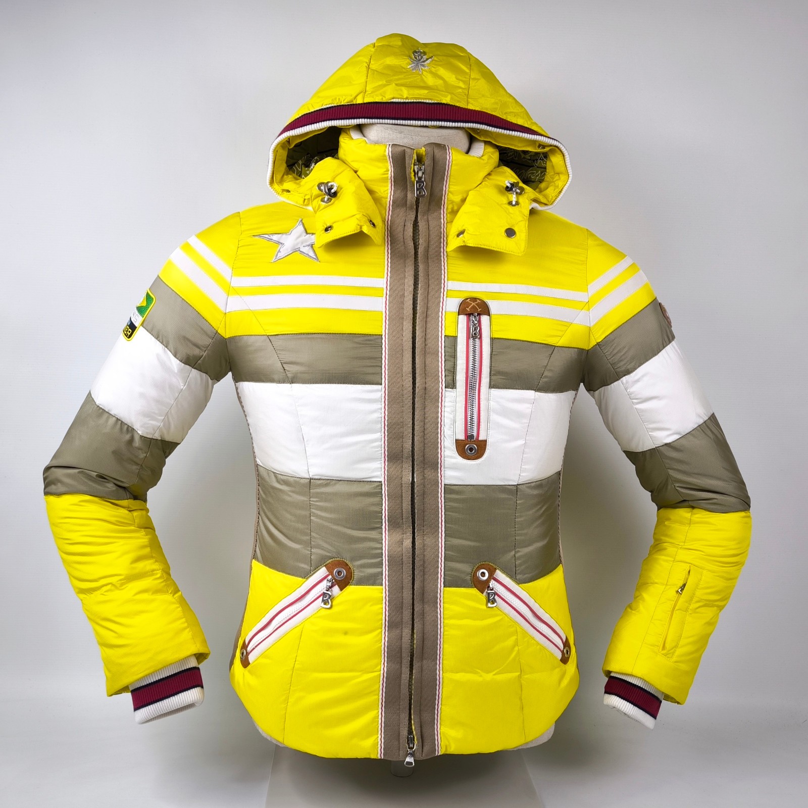 Bogner Skijacke Daunenjacke Damen Gr. 38 (M) gelb-weiß-taupe abnehmbare Kapuze