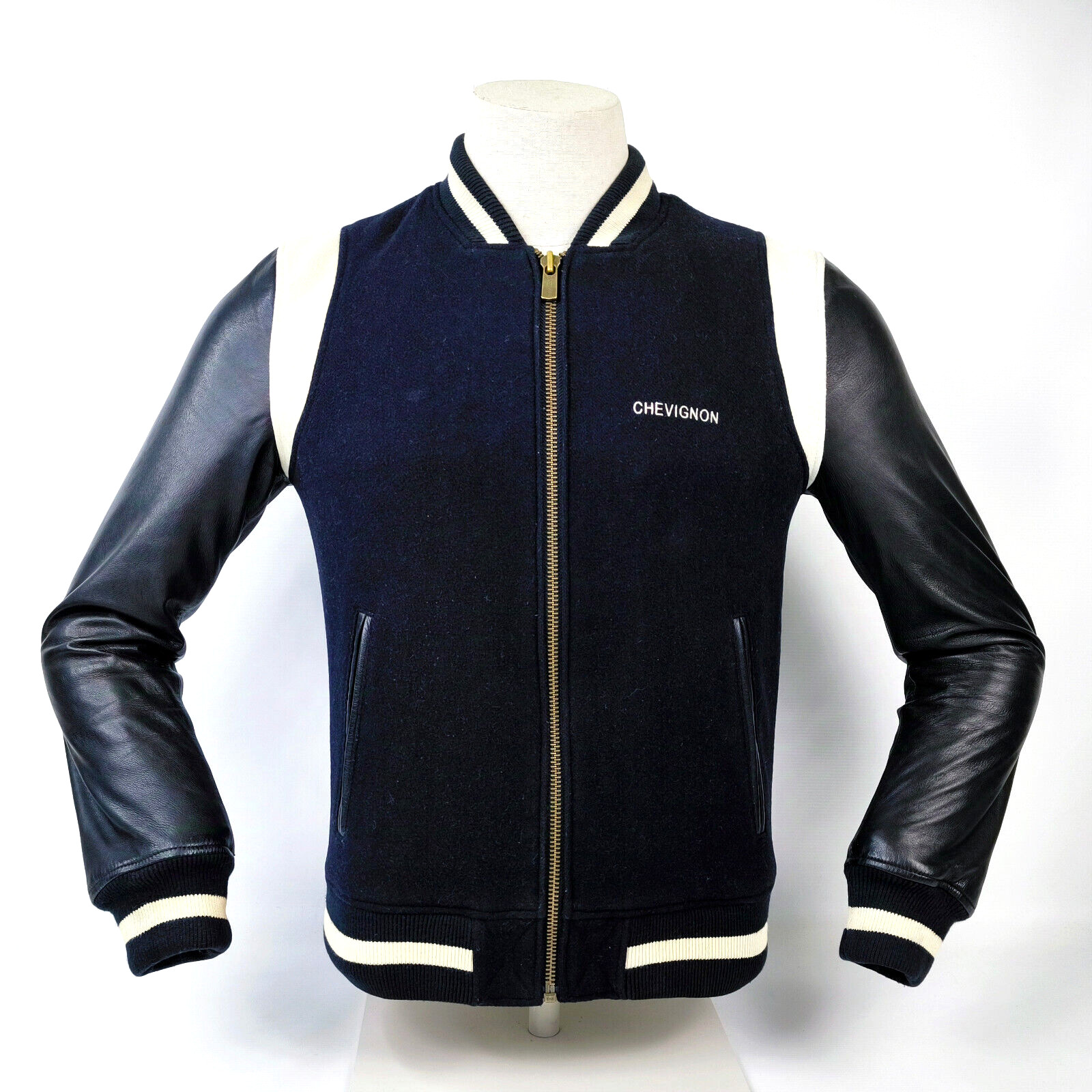 Chevignon Jacke College- / Baseball Gr. M (schmal) schwarz Leder / Wolle Mix
