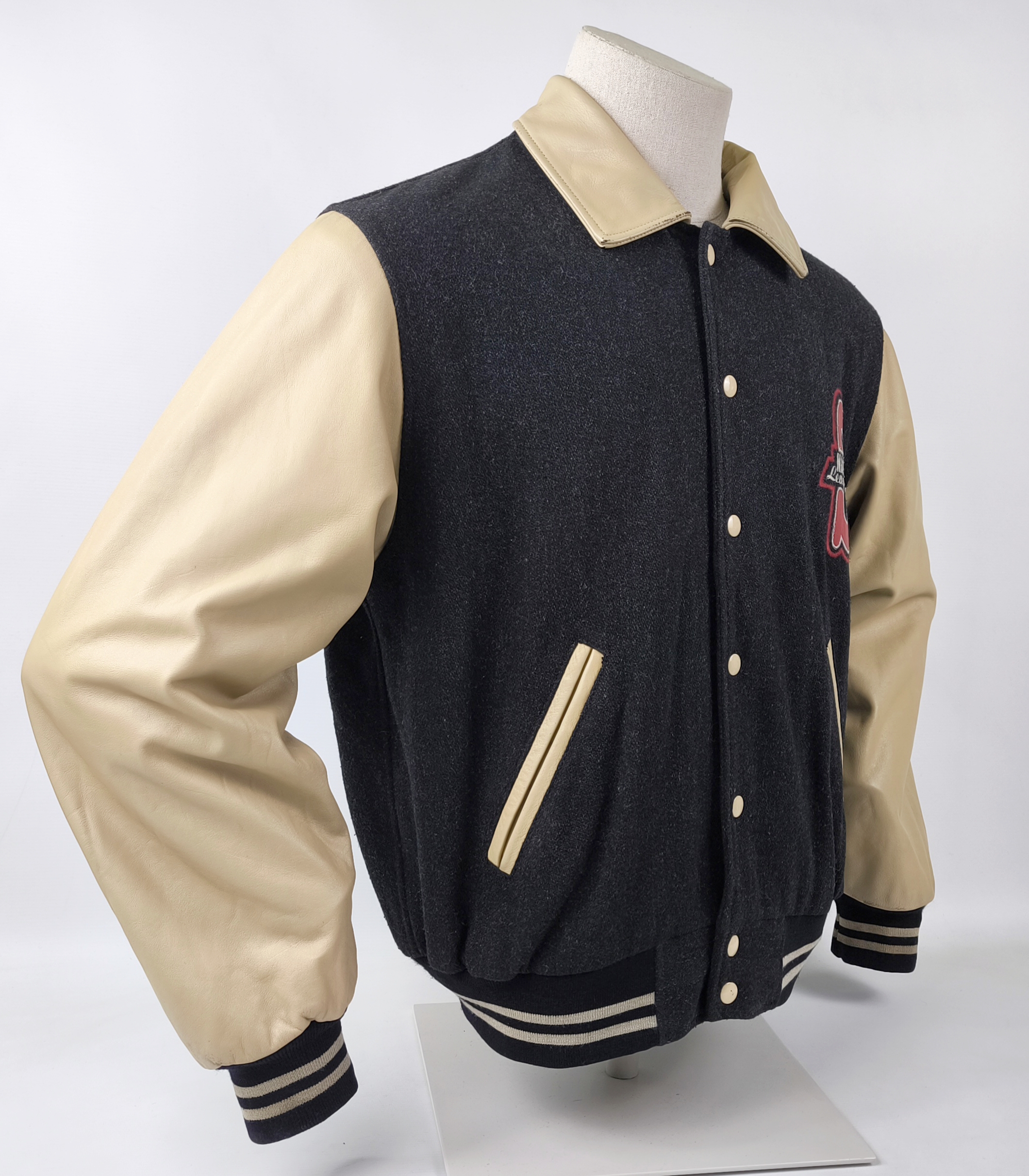 Naf Naf Jacke College Seventies Gr. L (M) schwarz beige Leder Wolle Mix vintage