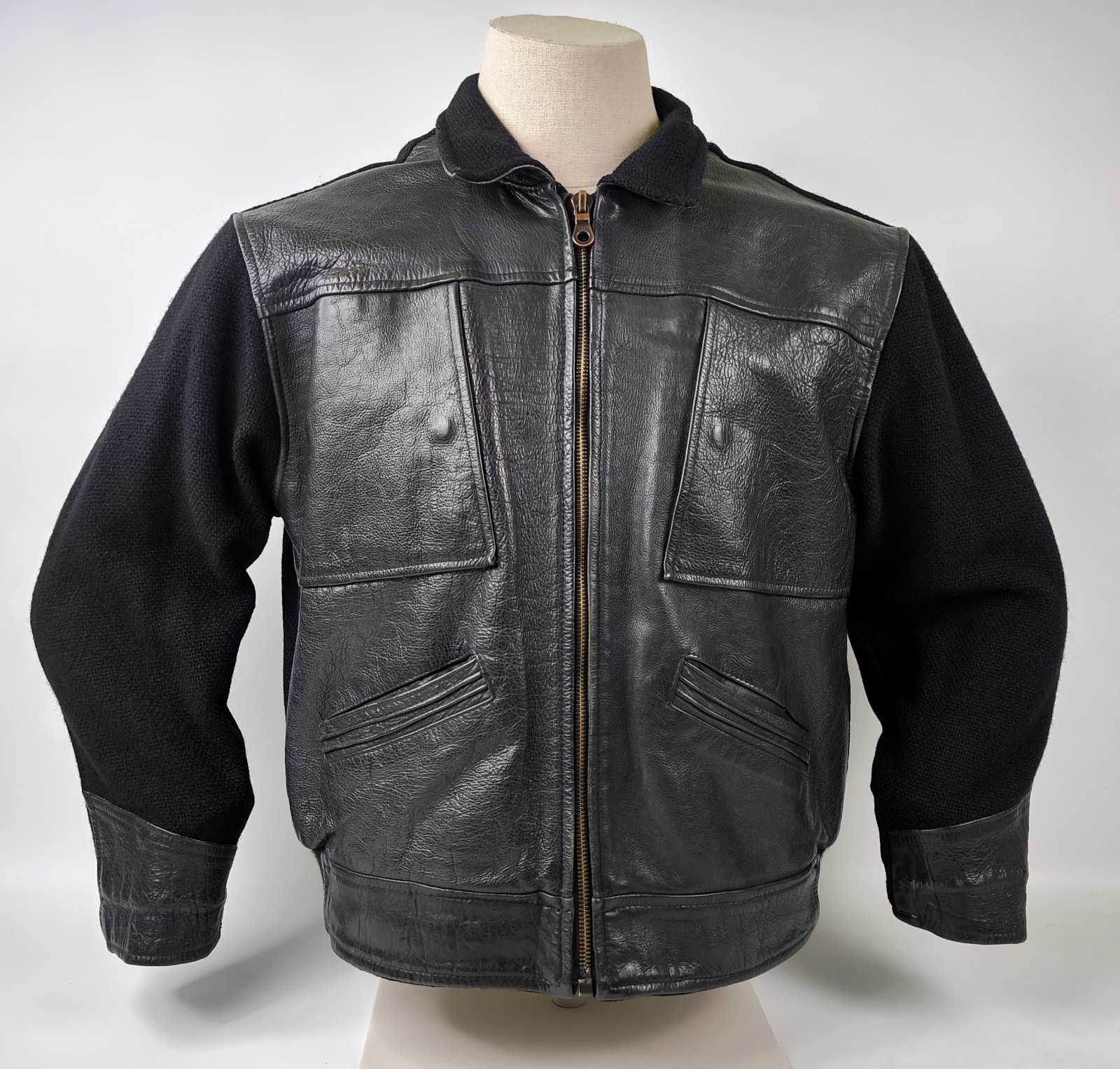 Chevignon Lederjacke schwarz Gr. L vintage 80s France Leder Wolle Mix