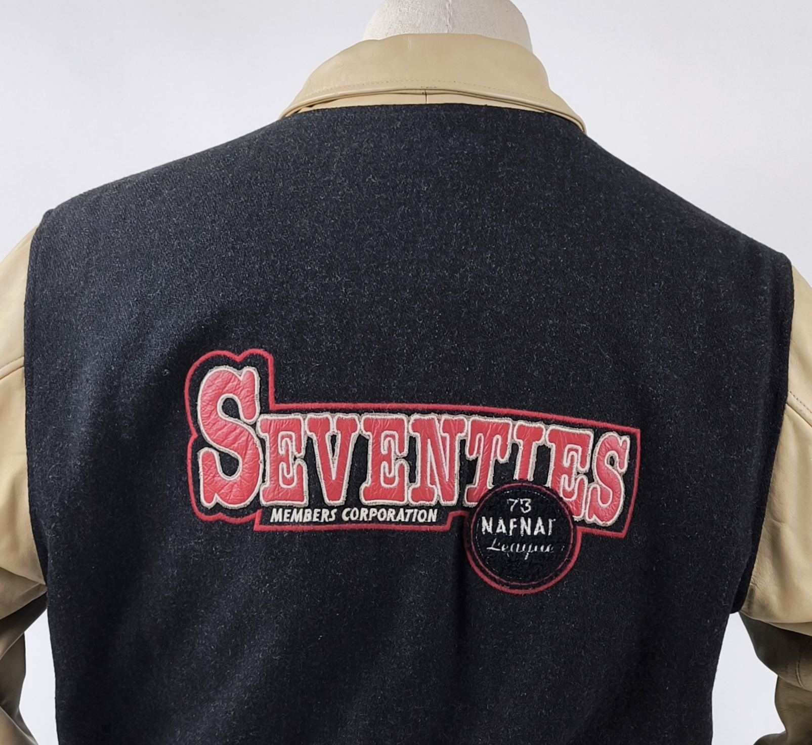 Naf Naf Jacke College Seventies Gr. L (M) schwarz beige Leder Wolle Mix vintage